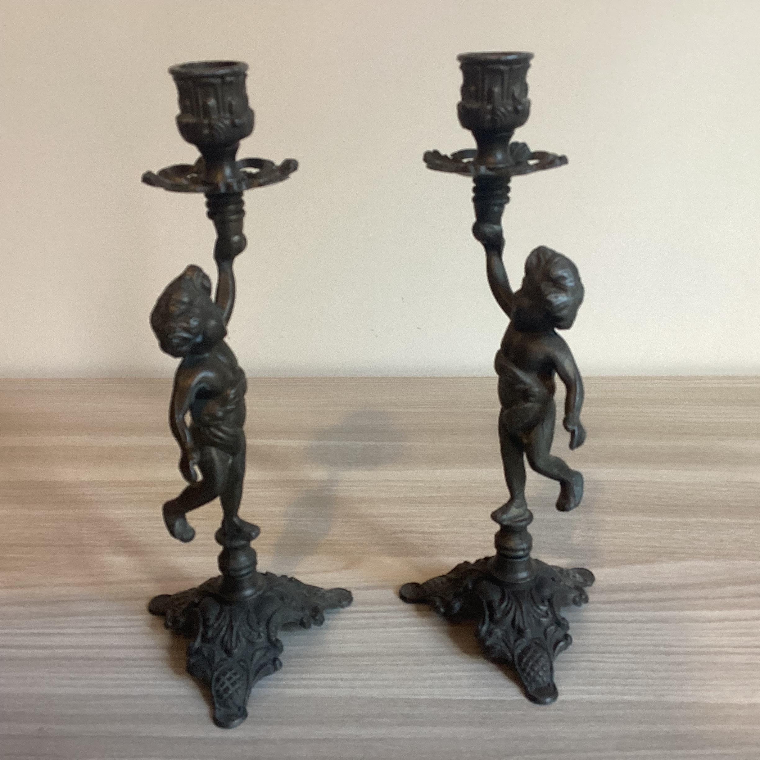 Antique French Candlesticks | 19th Century Régule Pair, Bronzed Original Patina — photo 5 of 10