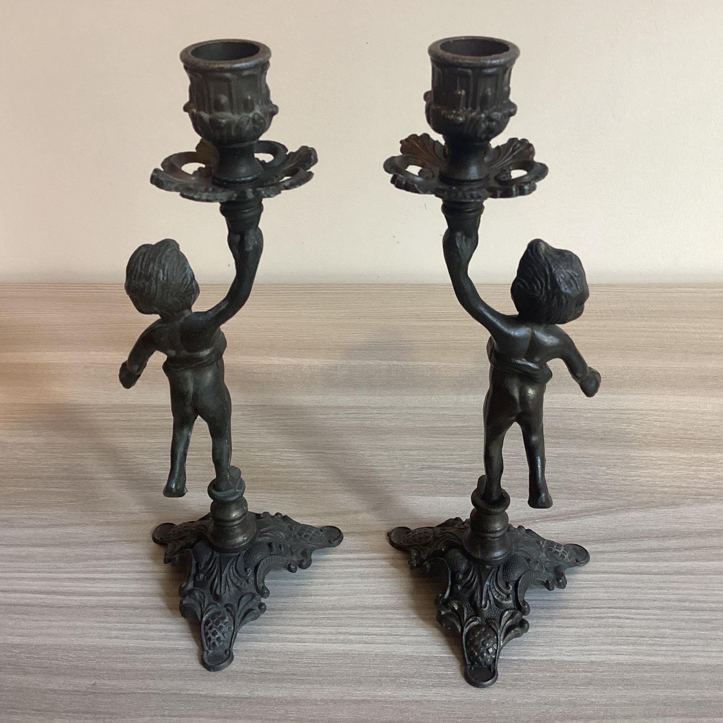 Antique French Candlesticks | 19th Century Régule Pair, Bronzed Original Patina — photo 6 of 10