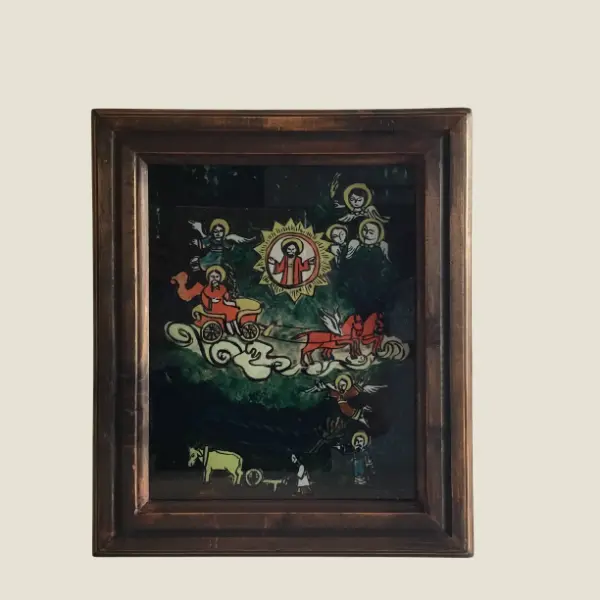 Antique Icon | 1900s Romanian Transylvania Folk Art, Revers Glass Hand Painted