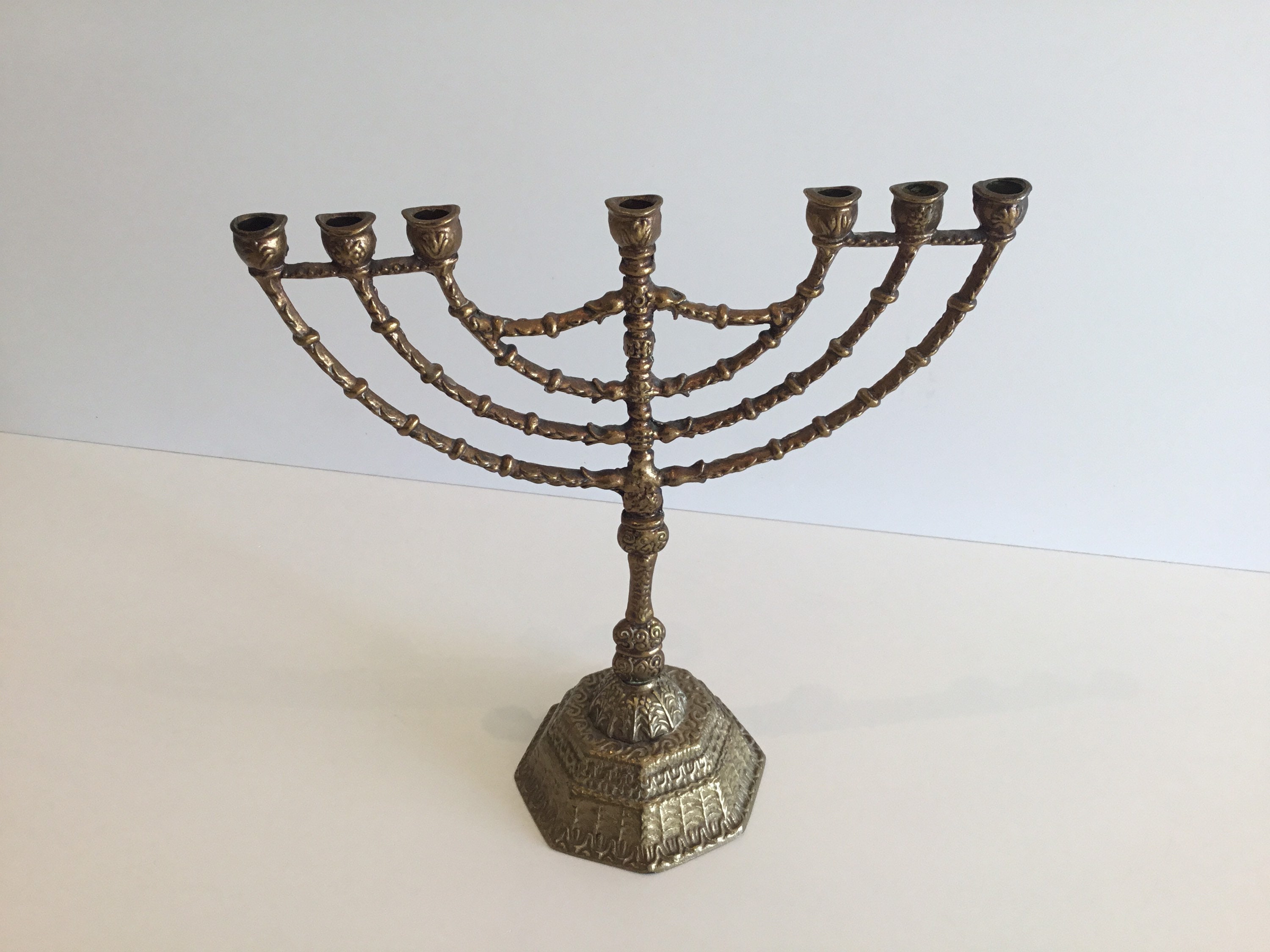 Vintage Judaica | 1950s Bronze Hanukkah Menorah, Seven-Branch Candelabra — photo 2 of 8