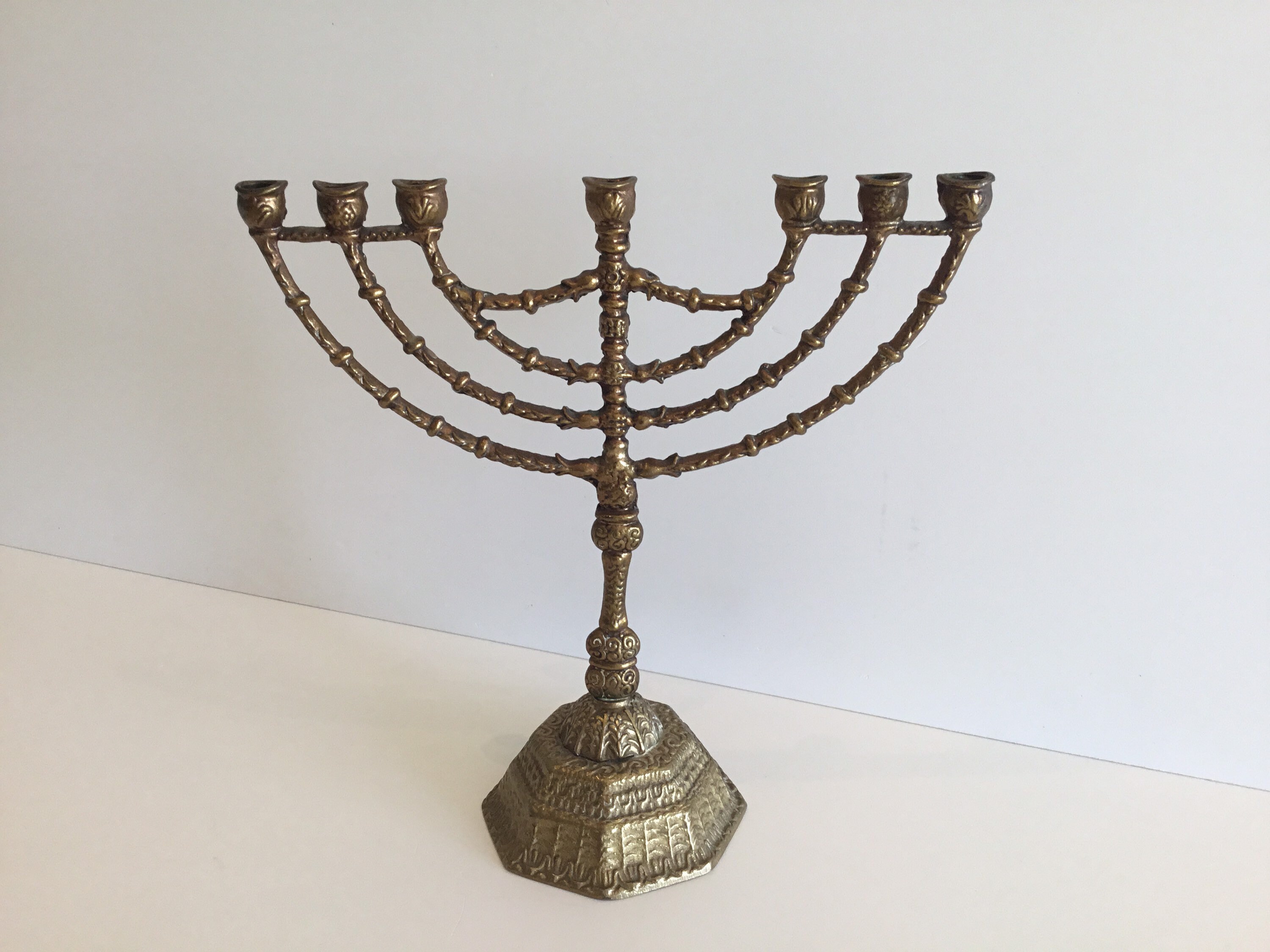 Vintage Judaica | 1950s Bronze Hanukkah Menorah, Seven-Branch Candelabra — photo 3 of 8