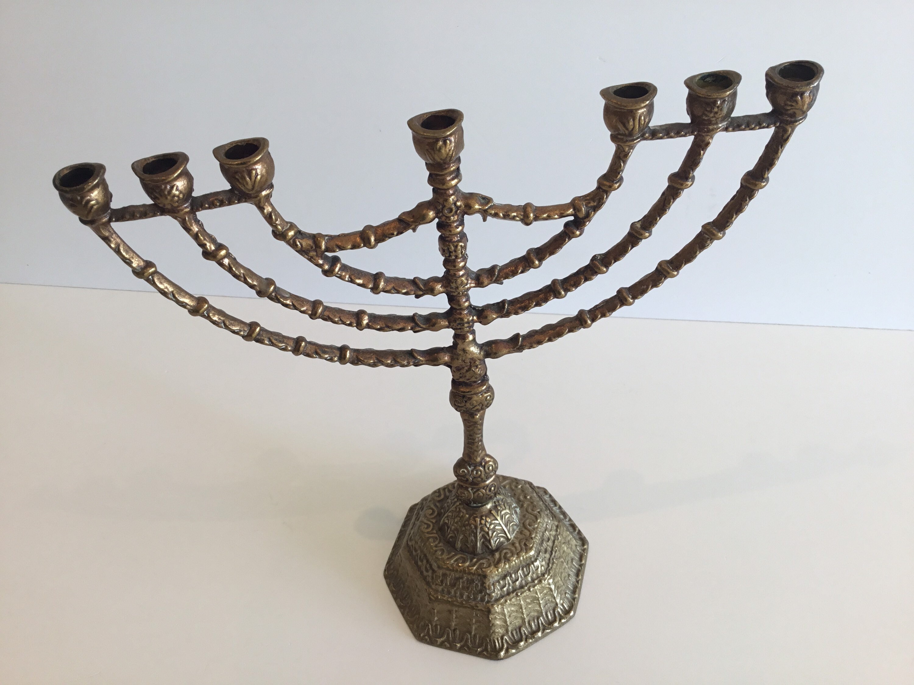 Vintage Judaica | 1950s Bronze Hanukkah Menorah, Seven-Branch Candelabra — photo 4 of 8