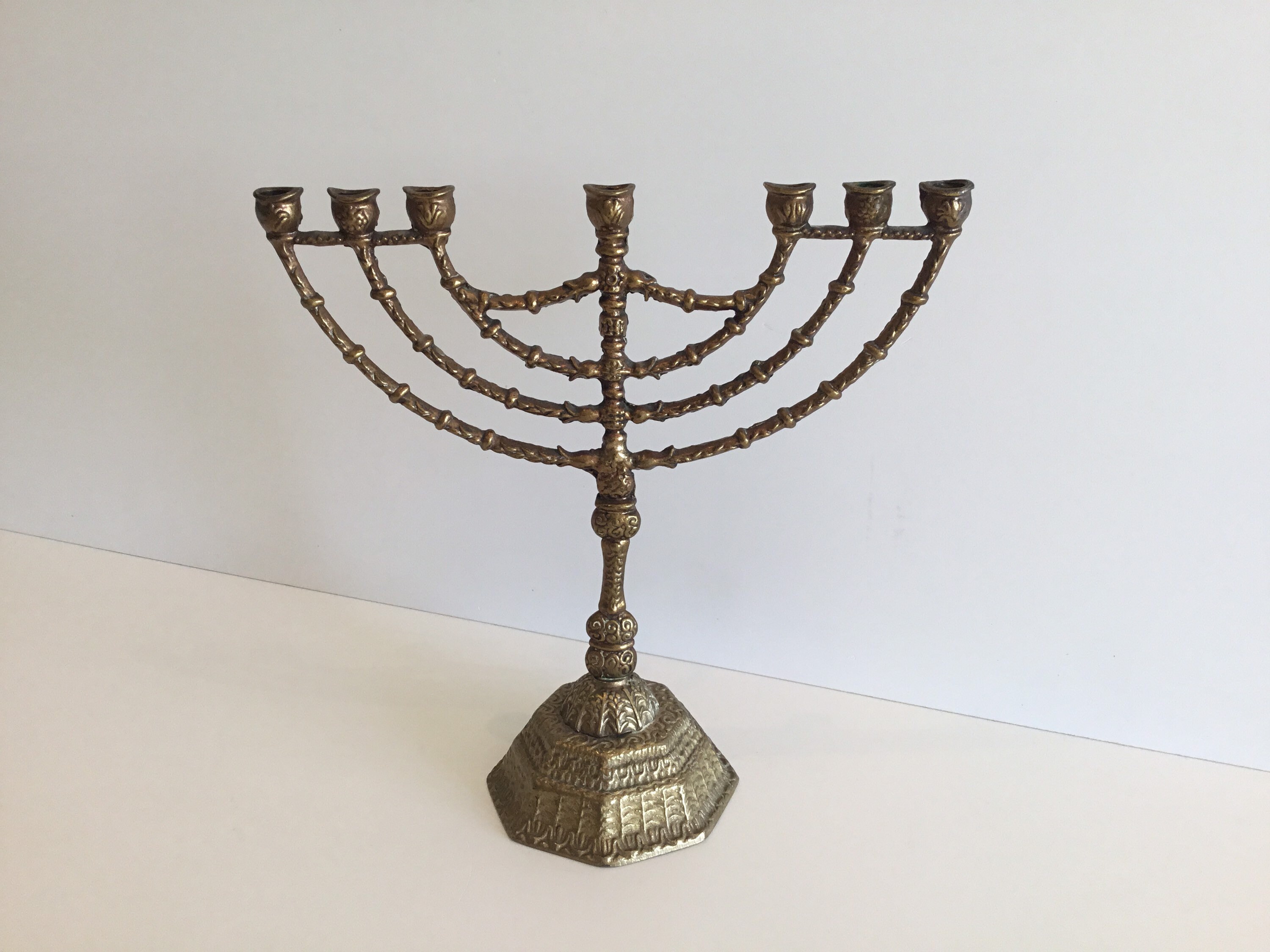 Vintage Judaica | 1950s Bronze Hanukkah Menorah, Seven-Branch Candelabra — photo 7 of 8