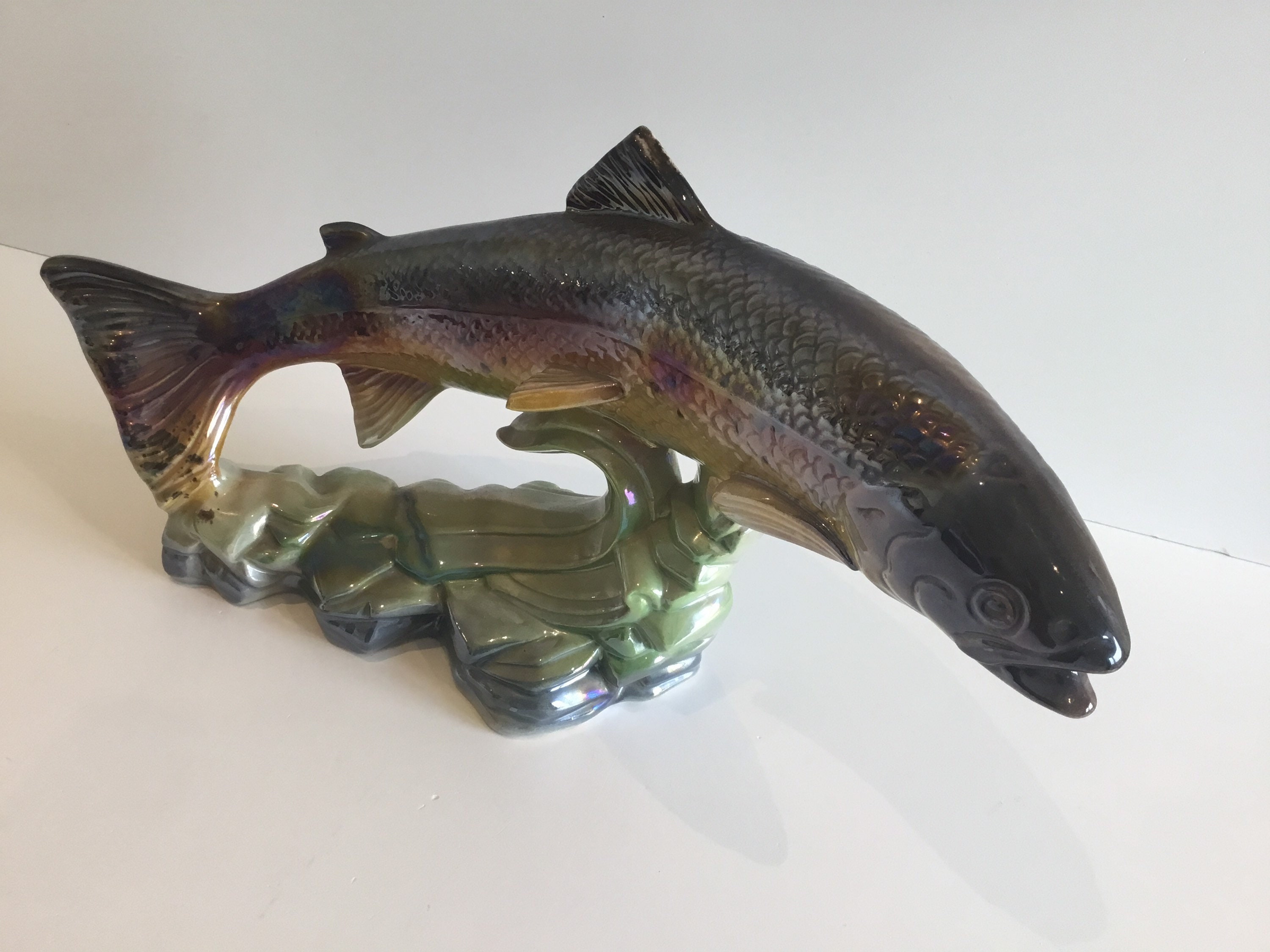 Vintage Majolica Fish Sculpture – H. Bequet Quaregnon (1950s) Iridescent Ceramic Trout — photo 2 of 10