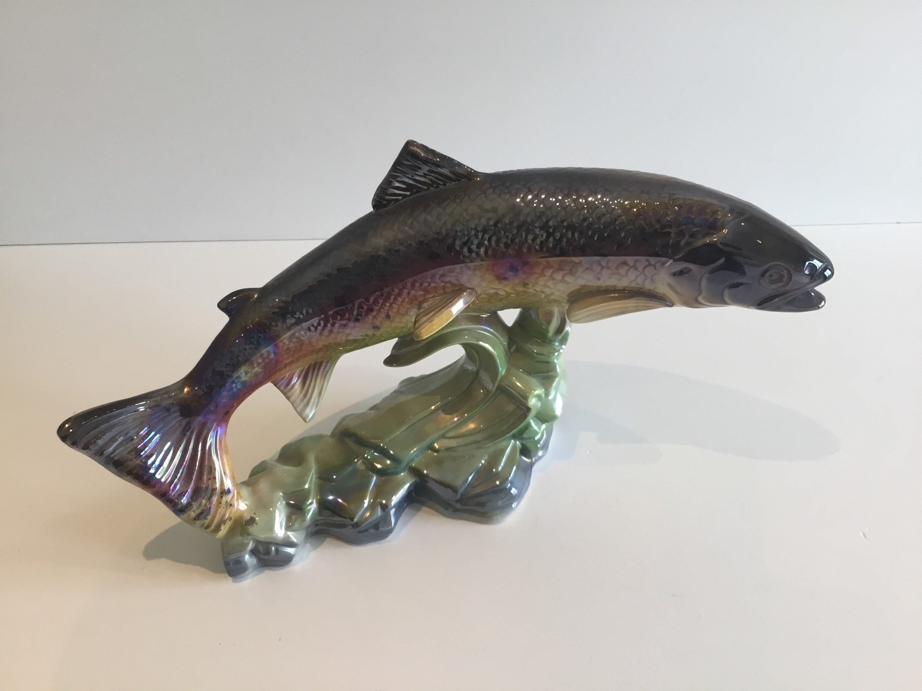 Vintage Majolica Fish Sculpture – H. Bequet Quaregnon (1950s) Iridescent Ceramic Trout — photo 3 of 10