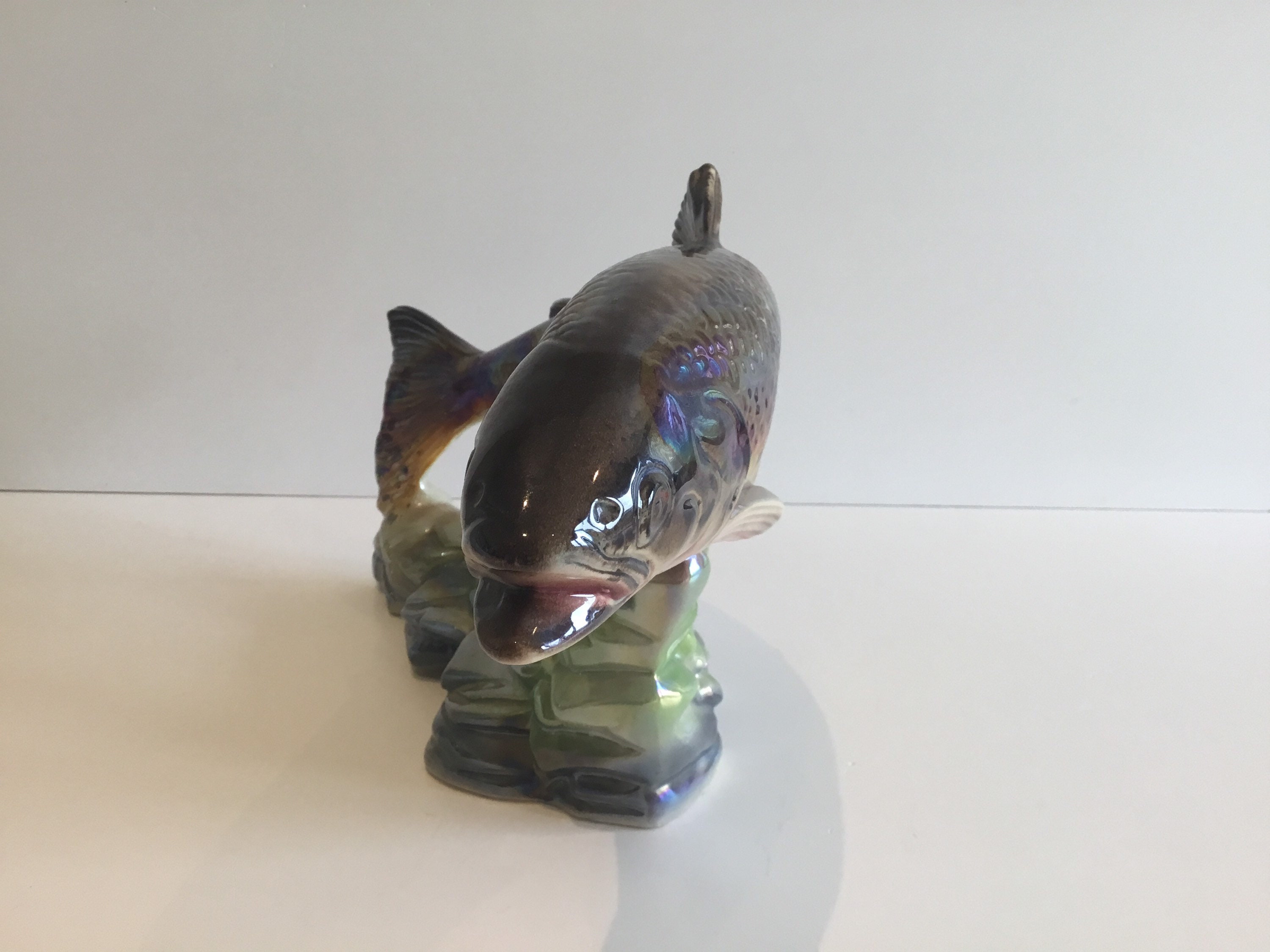 Vintage Majolica Fish Sculpture – H. Bequet Quaregnon (1950s) Iridescent Ceramic Trout — photo 4 of 10