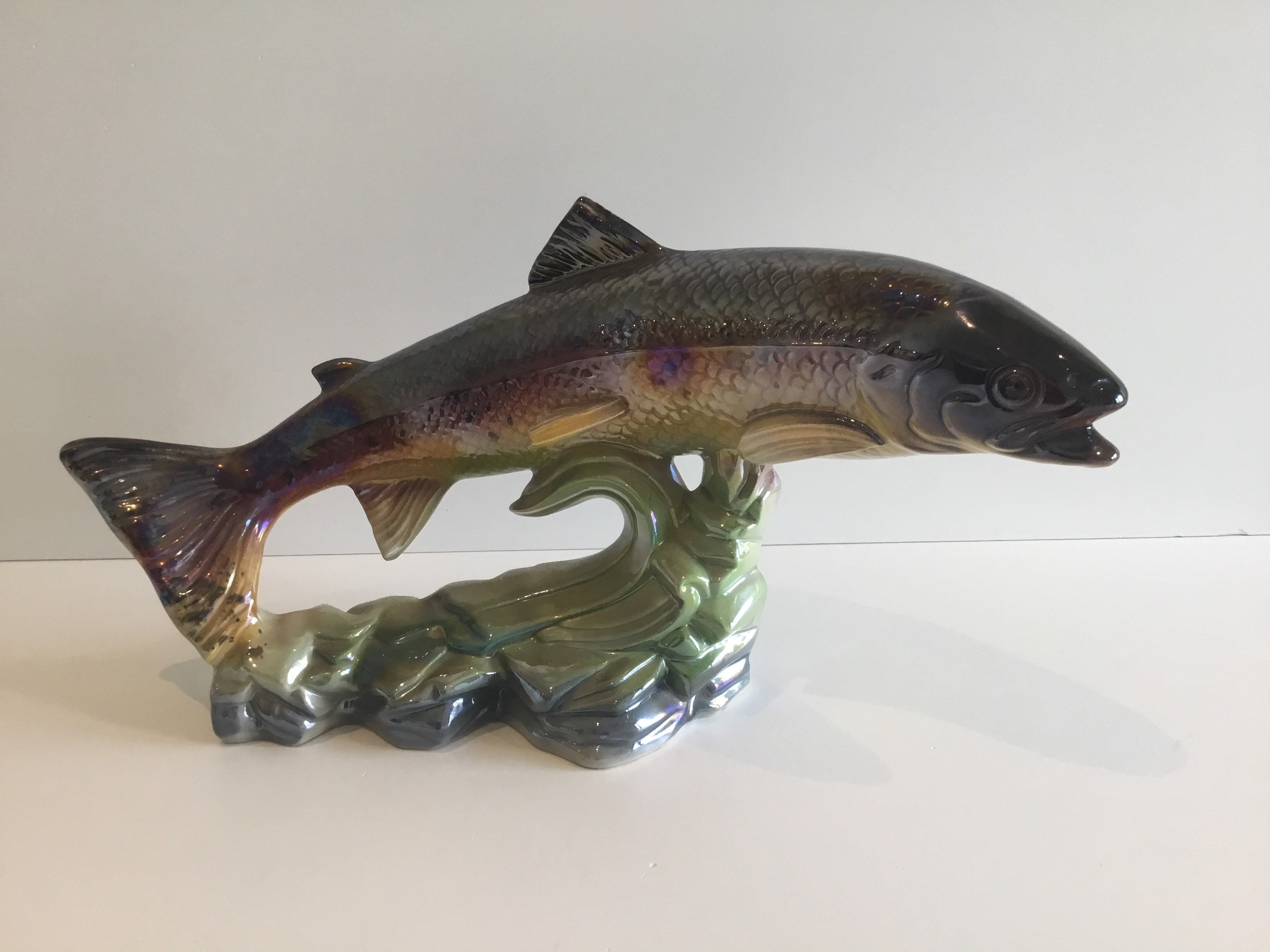 Vintage Majolica Fish Sculpture – H. Bequet Quaregnon (1950s) Iridescent Ceramic Trout — photo 5 of 10