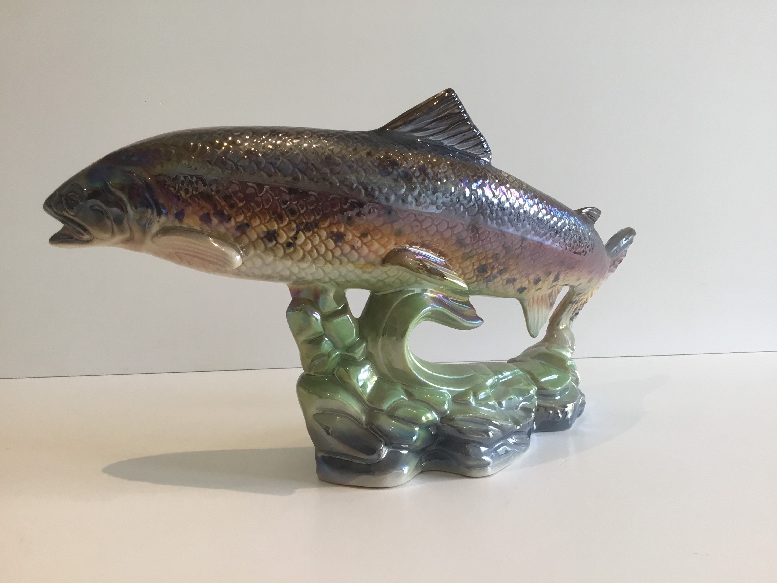 Vintage Majolica Fish Sculpture – H. Bequet Quaregnon (1950s) Iridescent Ceramic Trout — photo 7 of 10