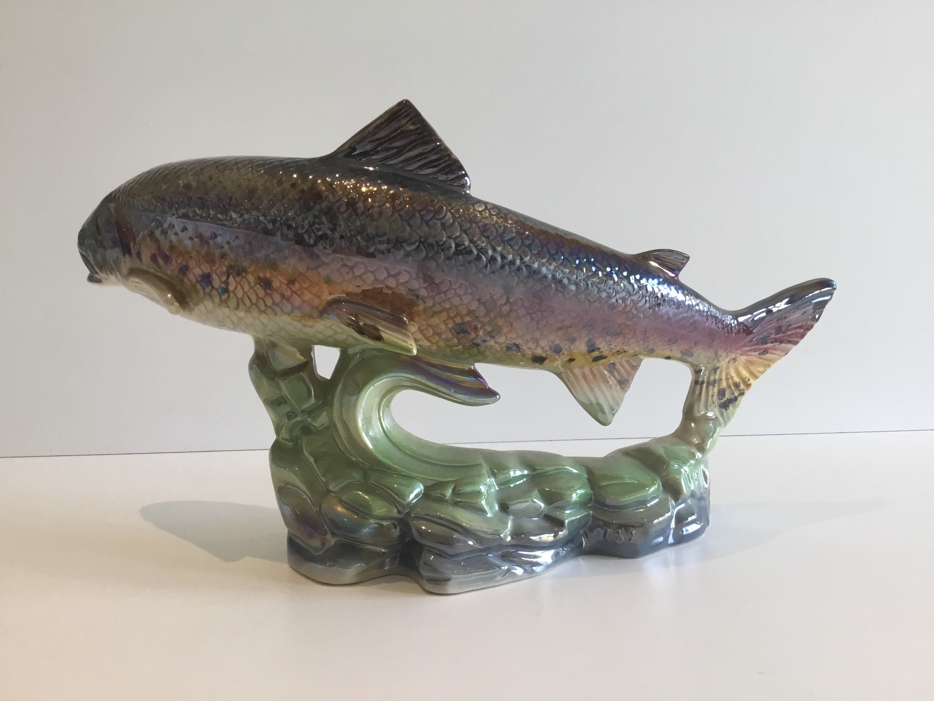 Vintage Majolica Fish Sculpture – H. Bequet Quaregnon (1950s) Iridescent Ceramic Trout — photo 8 of 10