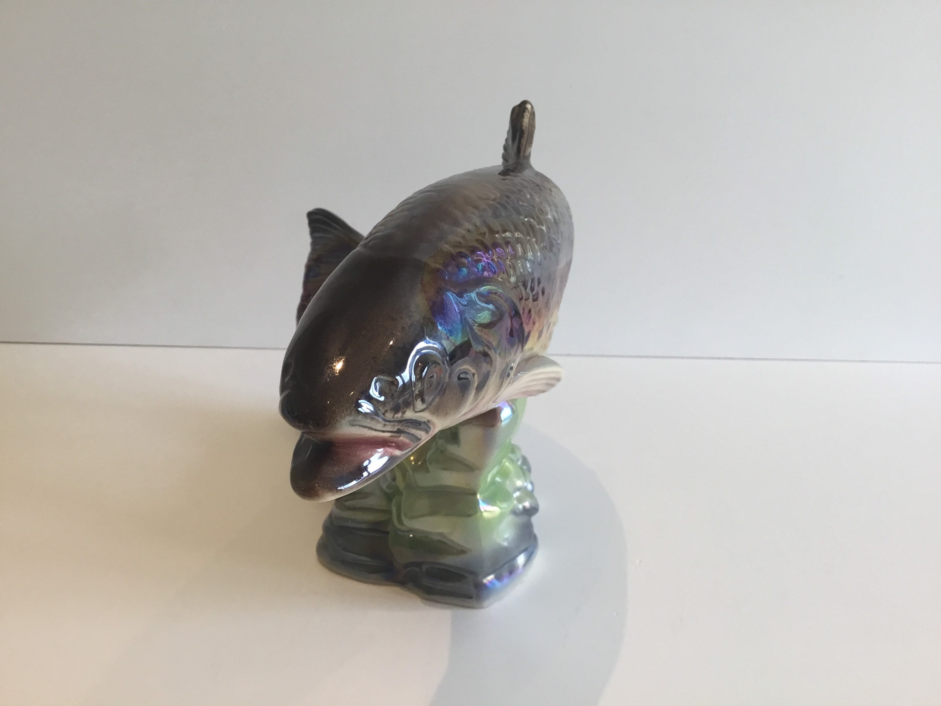 Vintage Majolica Fish Sculpture – H. Bequet Quaregnon (1950s) Iridescent Ceramic Trout — photo 9 of 10