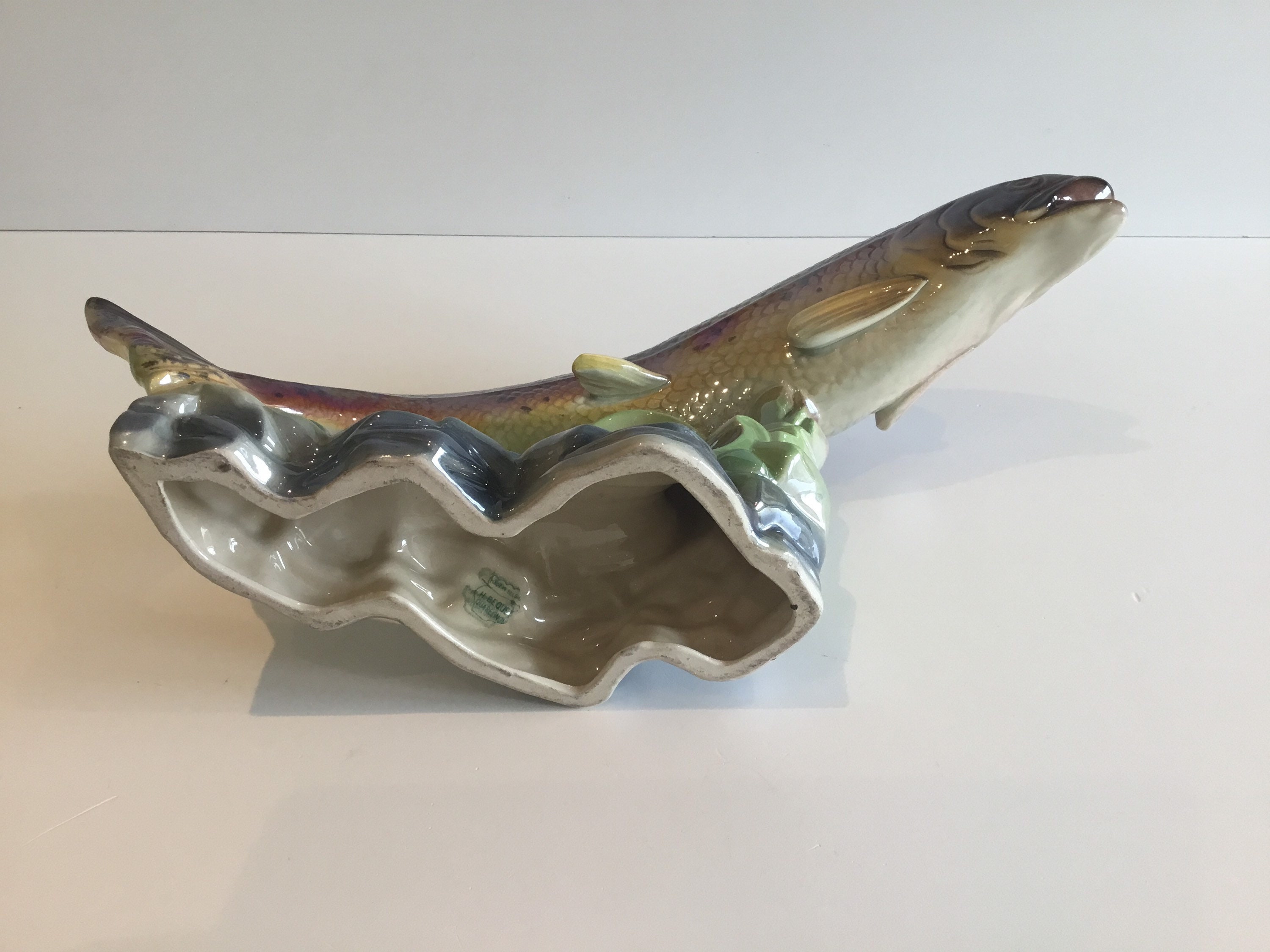Vintage Majolica Fish Sculpture – H. Bequet Quaregnon (1950s) Iridescent Ceramic Trout — photo 10 of 10