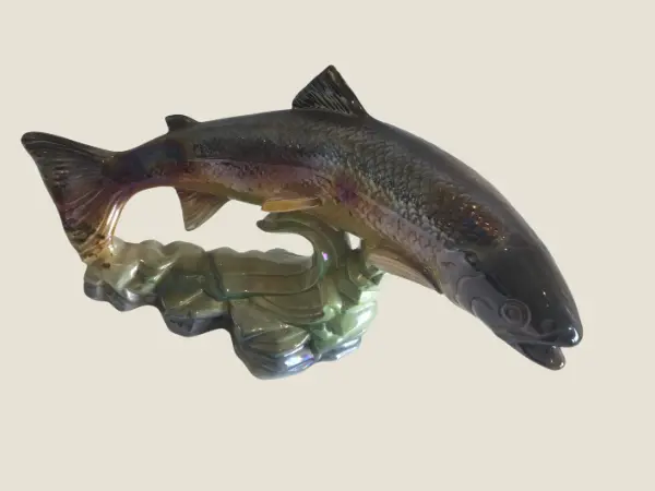 Vintage Majolica Fish Sculpture – H. Bequet Quaregnon (1950s) Iridescent Ceramic Trout
