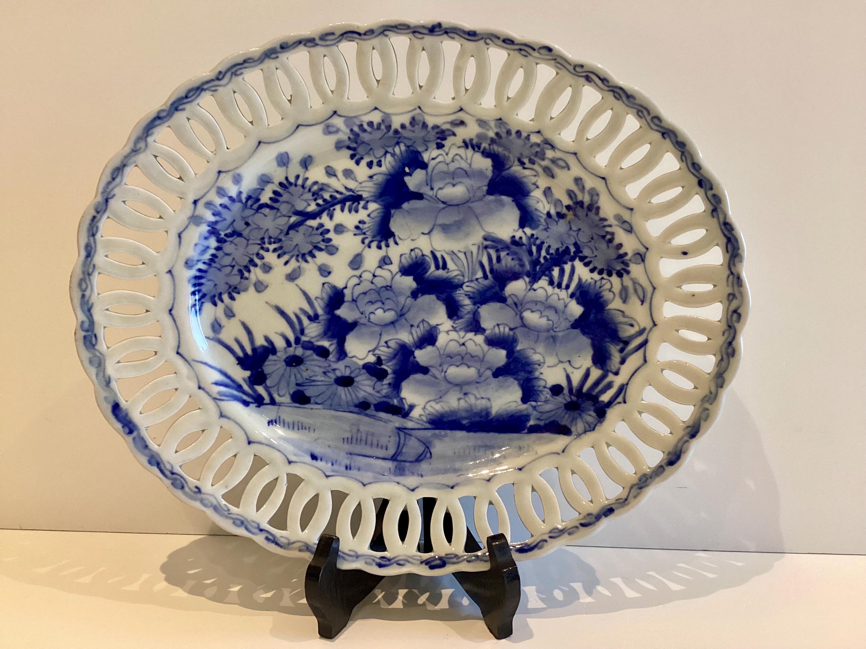Antique Porcelain Plate | Late 19th-20thC Chinese Qing Dynasty, Blue Cobalt Reticulated — photo 3 of 11