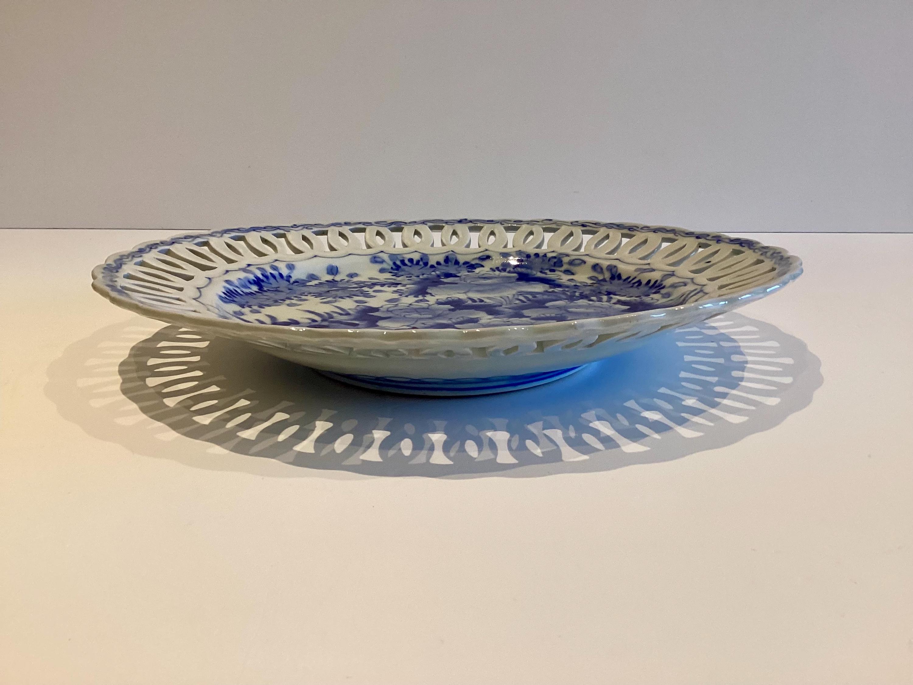 Antique Porcelain Plate | Late 19th-20thC Chinese Qing Dynasty, Blue Cobalt Reticulated — photo 5 of 11