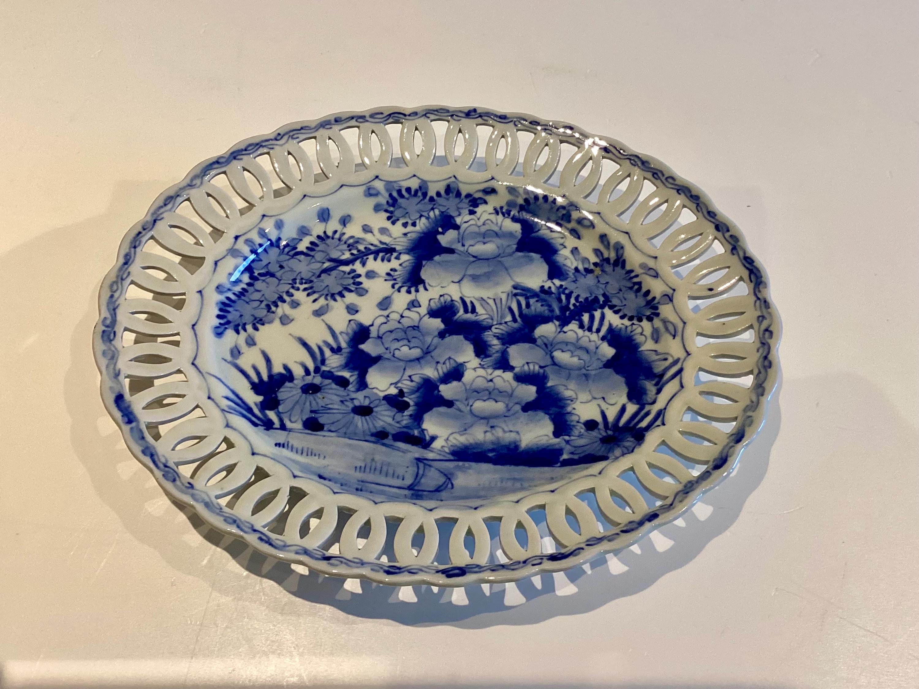 Antique Porcelain Plate | Late 19th-20thC Chinese Qing Dynasty, Blue Cobalt Reticulated — photo 6 of 11
