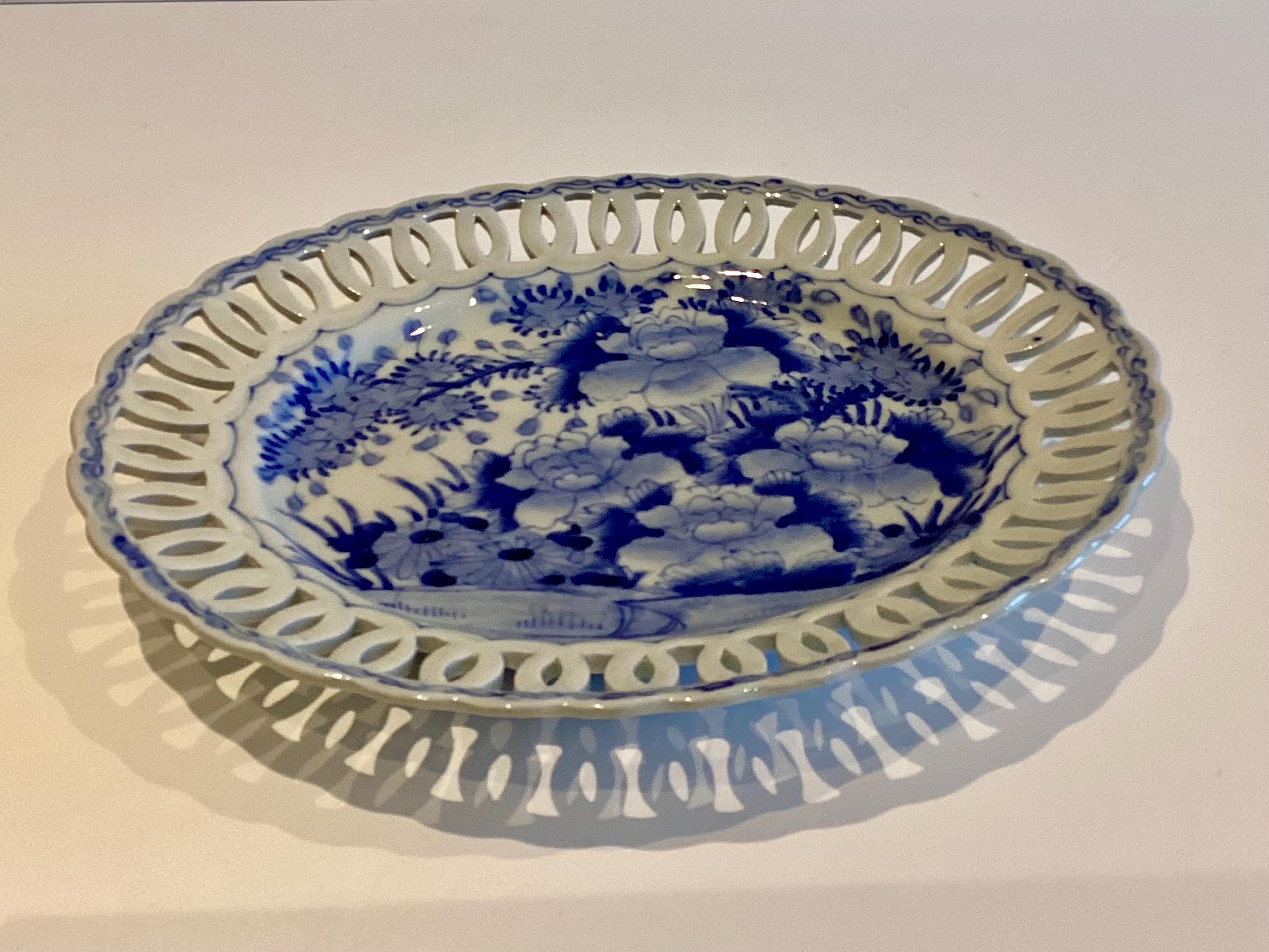 Antique Porcelain Plate | Late 19th-20thC Chinese Qing Dynasty, Blue Cobalt Reticulated — photo 8 of 11