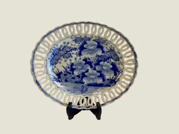 Antique Porcelain Plate | Late 19th-20thC Chinese Qing Dynasty, Blue Cobalt Reticulated