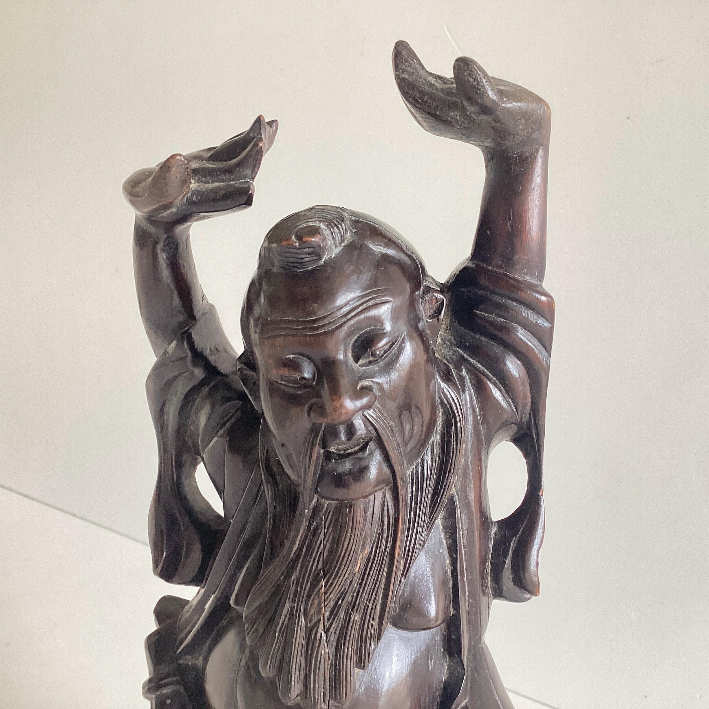 Antique Sculpture | China 1900s Wood Carving of Shou Xing, God of Longevity — photo 3 of 11