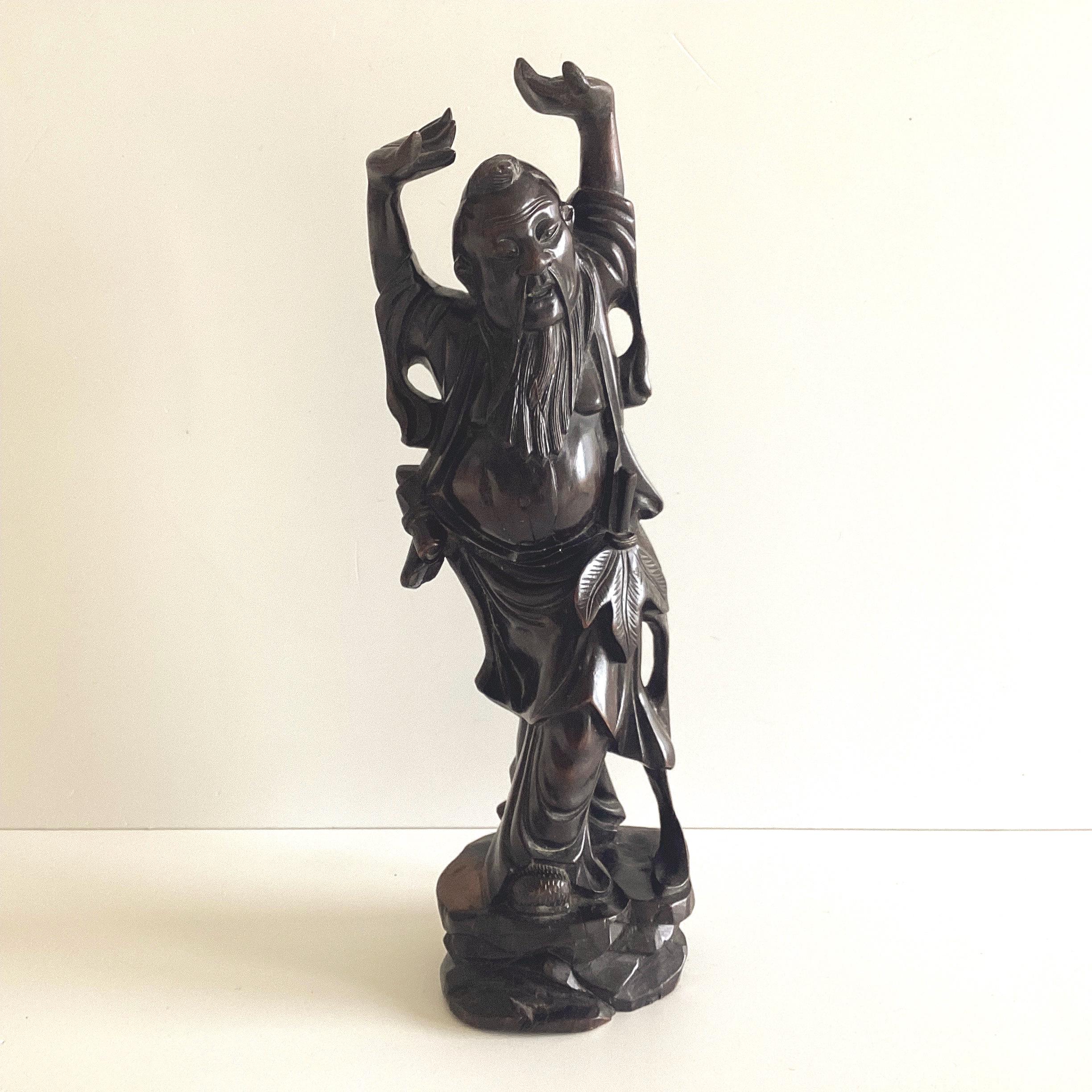 Antique Sculpture | China 1900s Wood Carving of Shou Xing, God of Longevity — photo 4 of 11