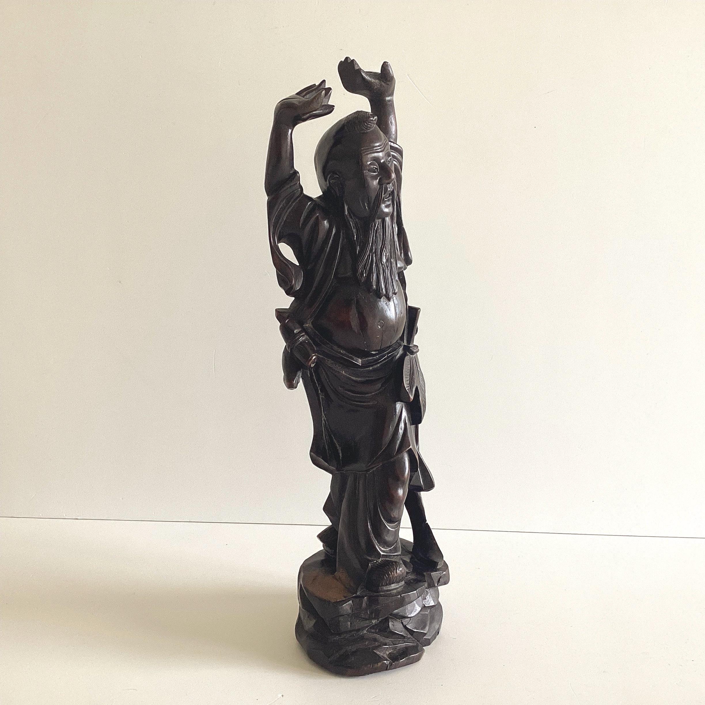 Antique Sculpture | China 1900s Wood Carving of Shou Xing, God of Longevity — photo 5 of 11