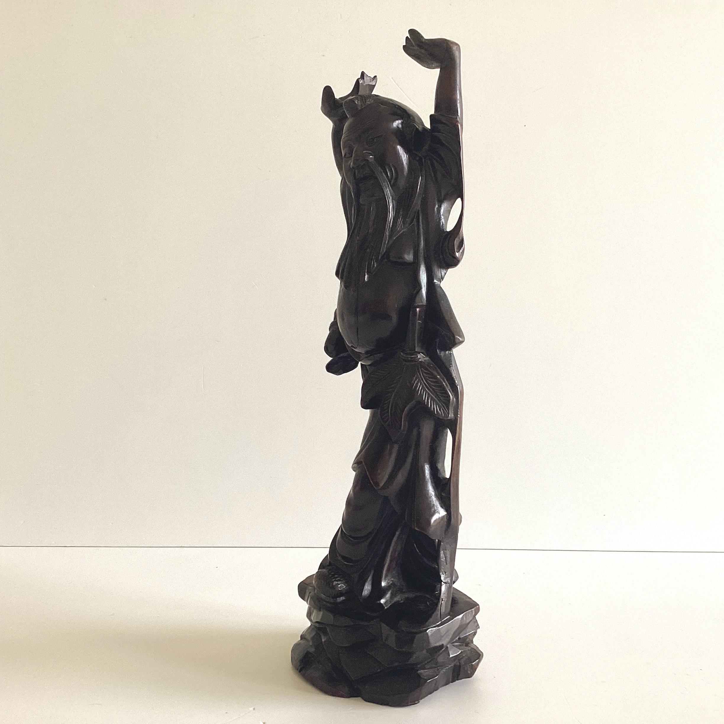 Antique Sculpture | China 1900s Wood Carving of Shou Xing, God of Longevity — photo 7 of 11