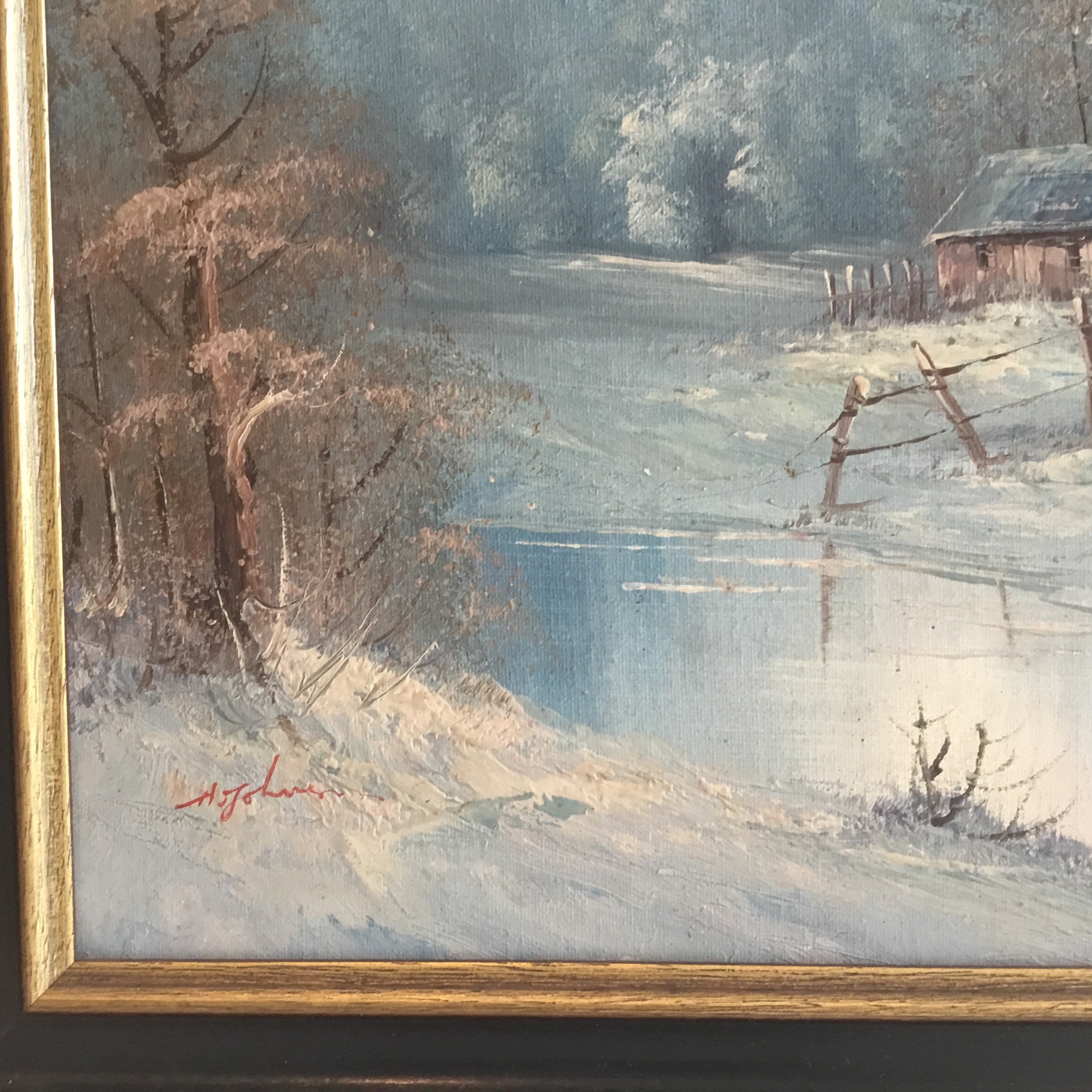Vintage Winter Painting | Hansen John 1950s Landscape, Oil on Canvas Signed — photo 9 of 11
