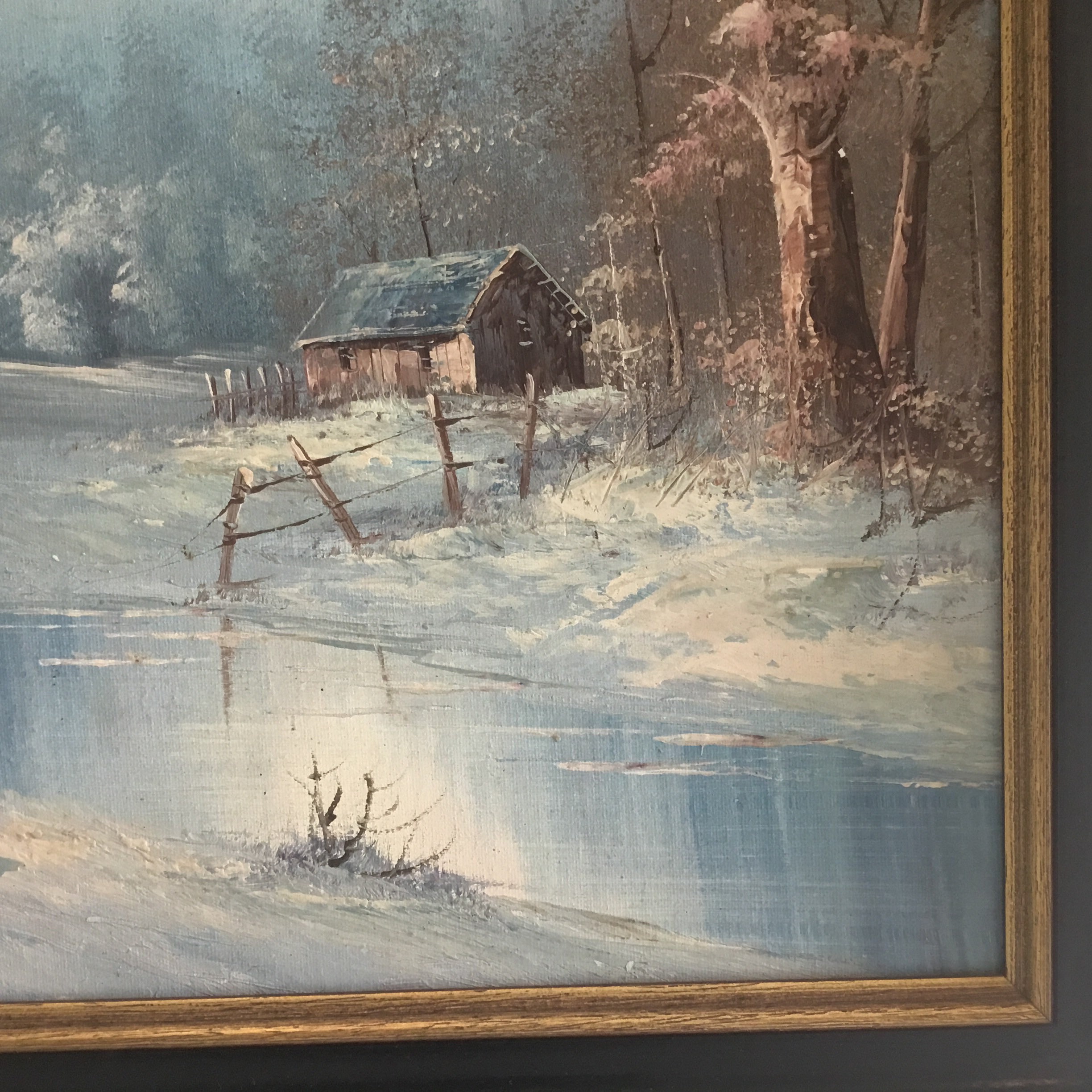 Vintage Winter Painting | Hansen John 1950s Landscape, Oil on Canvas Signed — photo 10 of 11