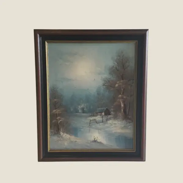 Vintage Winter Painting | Hansen John 1950s Landscape, Oil on Canvas Signed