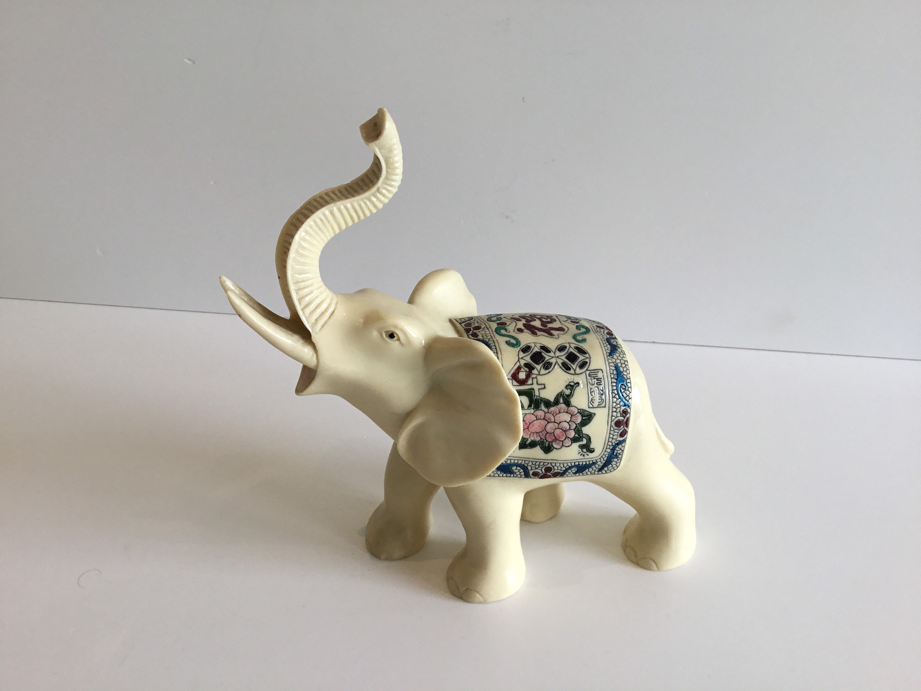 Vintage Elephant Sculpture | 1960s Chinese Lucky Elephant, Ivory Resin Hand Painted — photo 2 of 8
