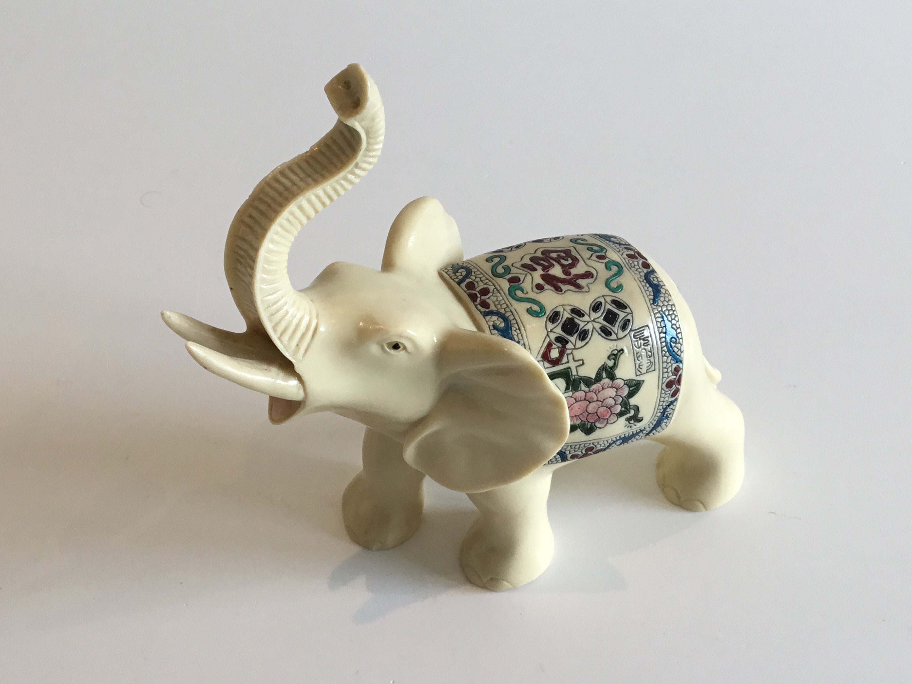 Vintage Elephant Sculpture | 1960s Chinese Lucky Elephant, Ivory Resin Hand Painted — photo 3 of 8