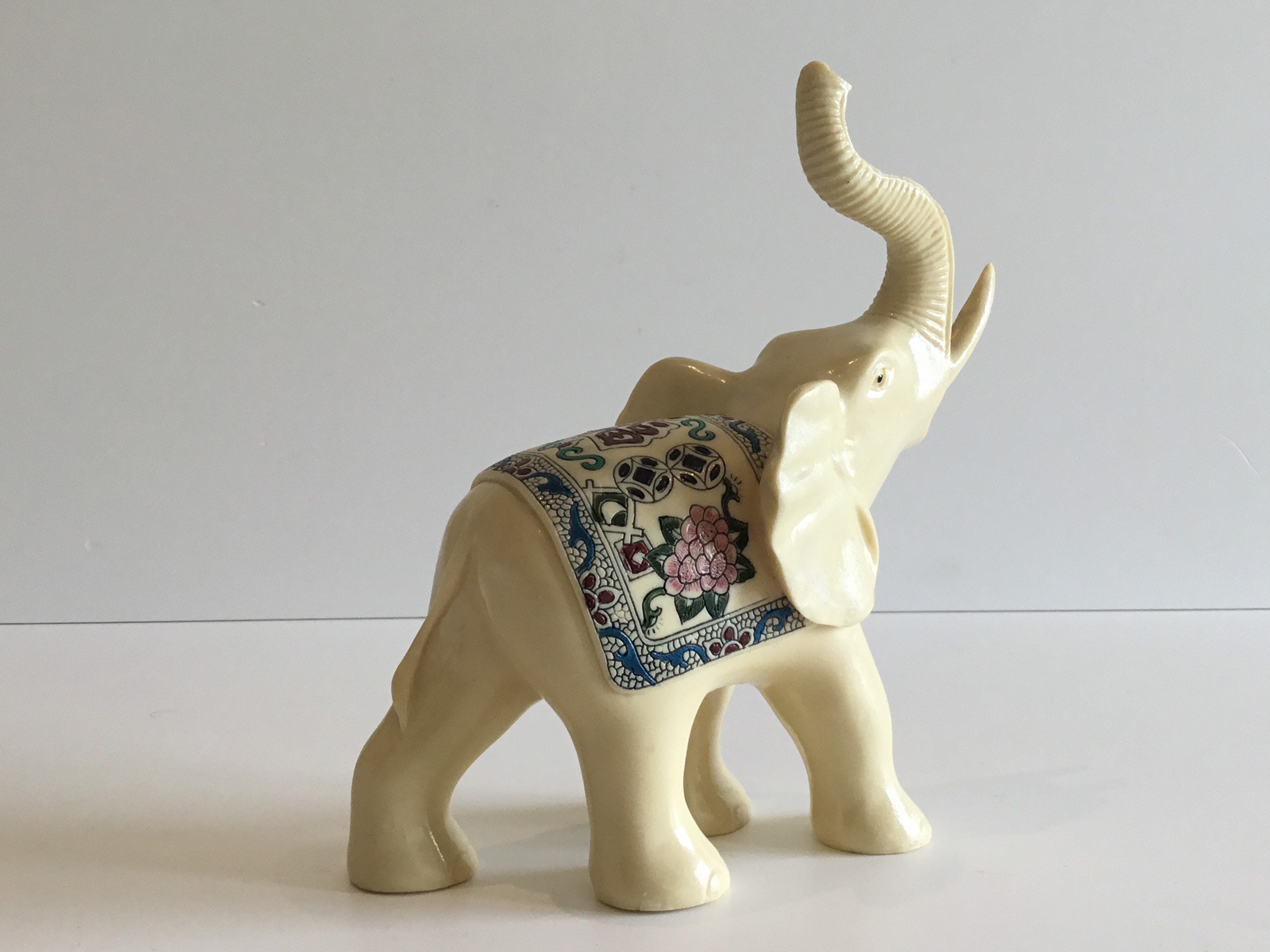 Vintage Elephant Sculpture | 1960s Chinese Lucky Elephant, Ivory Resin Hand Painted — photo 4 of 8
