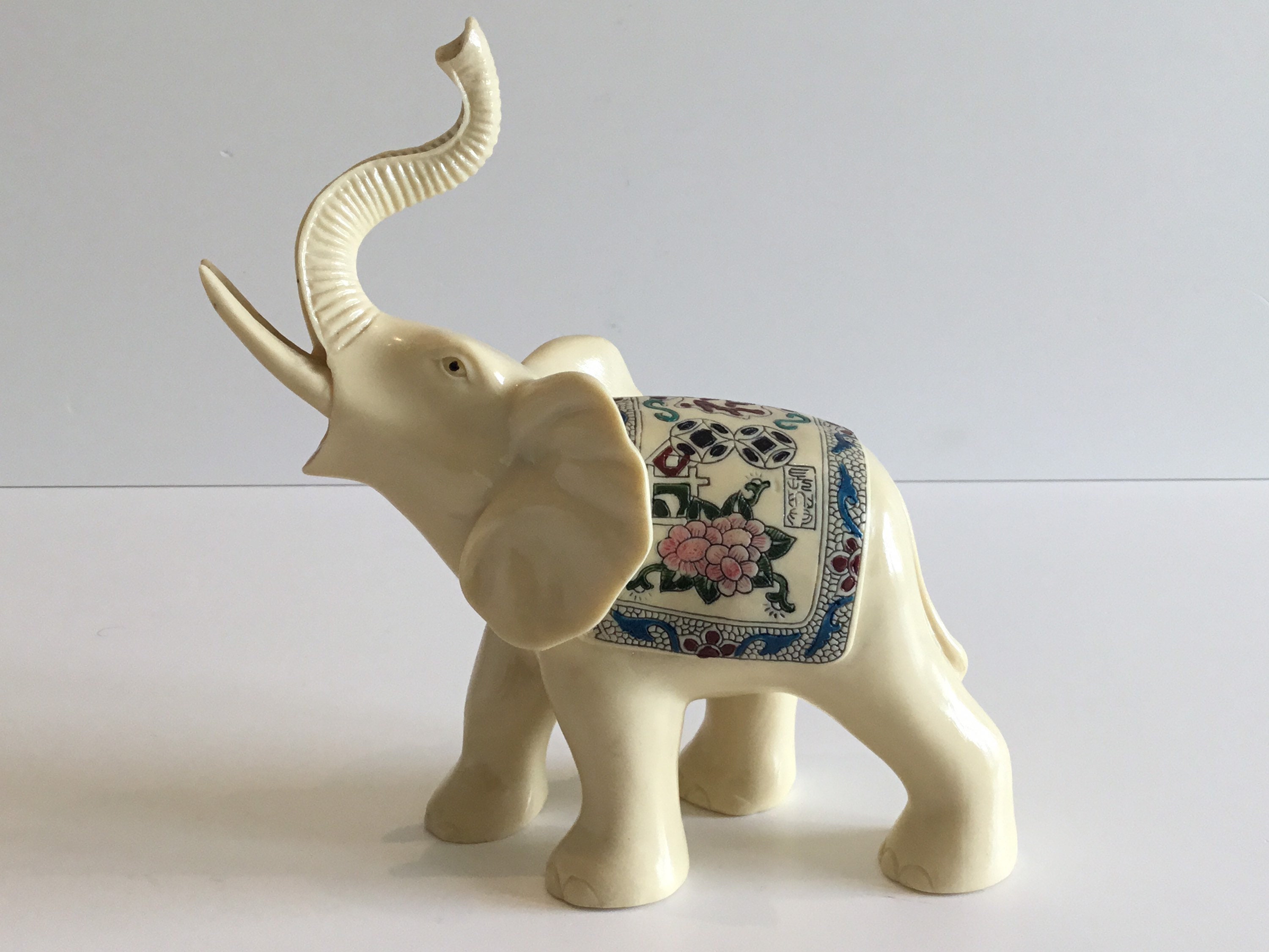 Vintage Elephant Sculpture | 1960s Chinese Lucky Elephant, Ivory Resin Hand Painted — photo 5 of 8