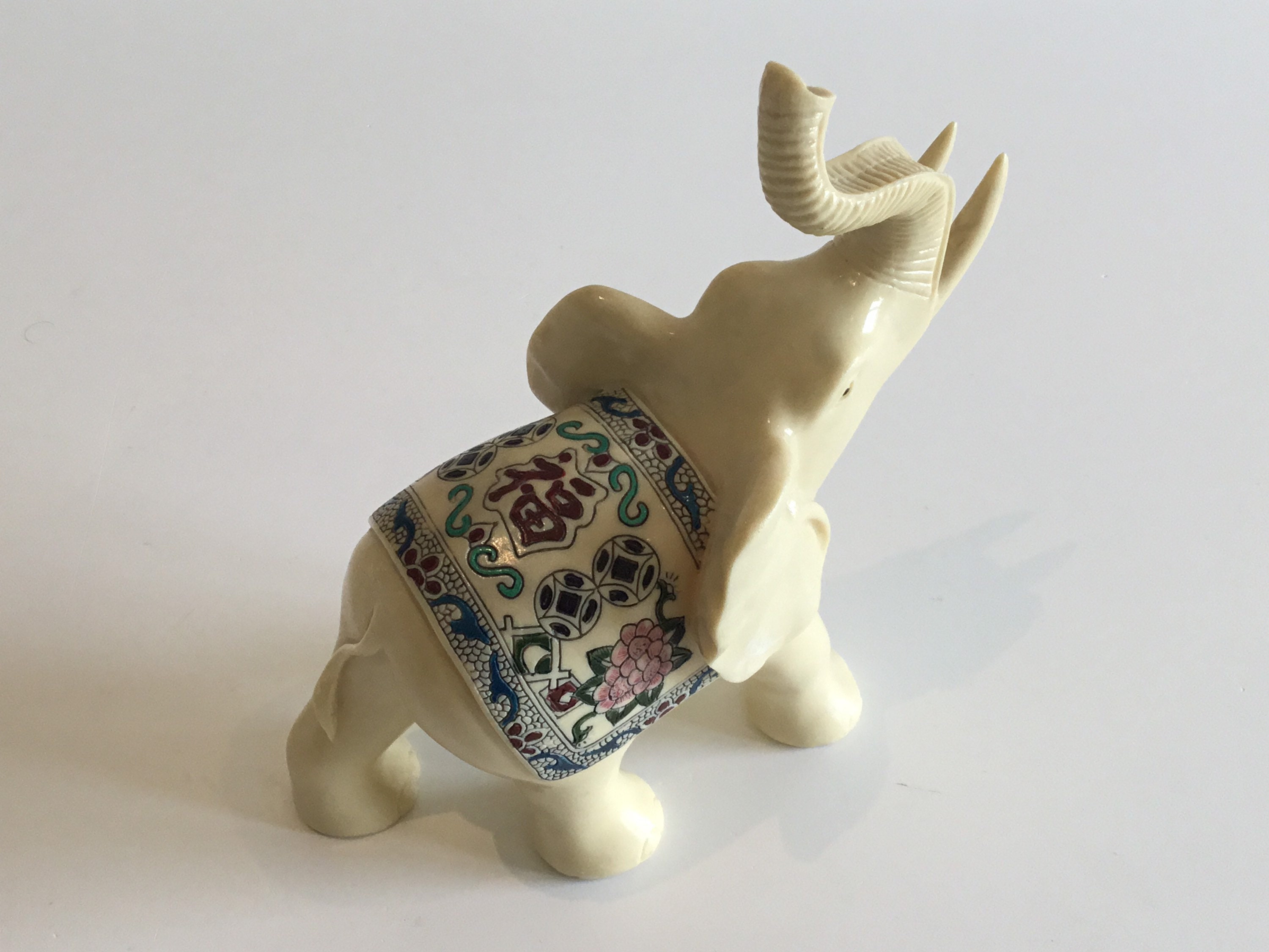 Vintage Elephant Sculpture | 1960s Chinese Lucky Elephant, Ivory Resin Hand Painted — photo 7 of 8