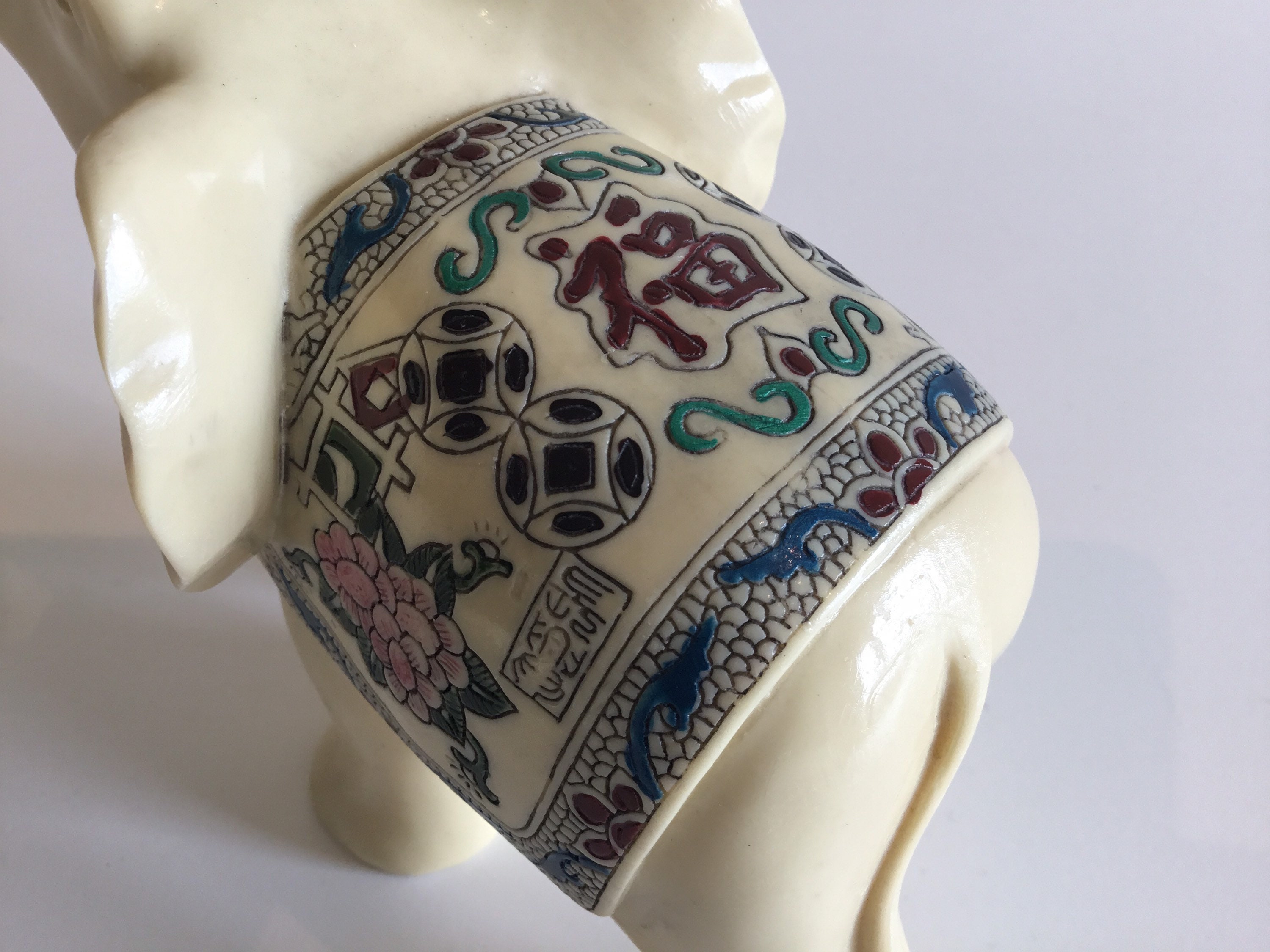 Vintage Elephant Sculpture | 1960s Chinese Lucky Elephant, Ivory Resin Hand Painted — photo 8 of 8