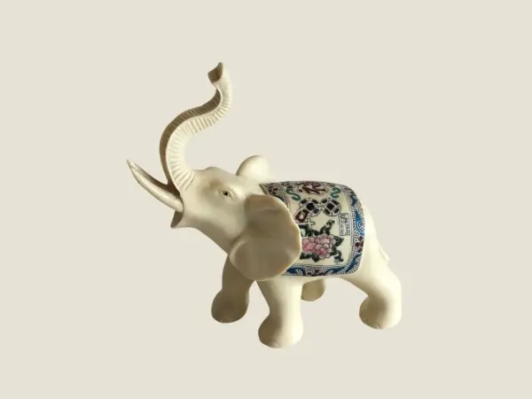 Vintage Elephant Sculpture | 1960s Chinese Lucky Elephant, Ivory Resin Hand Painted
