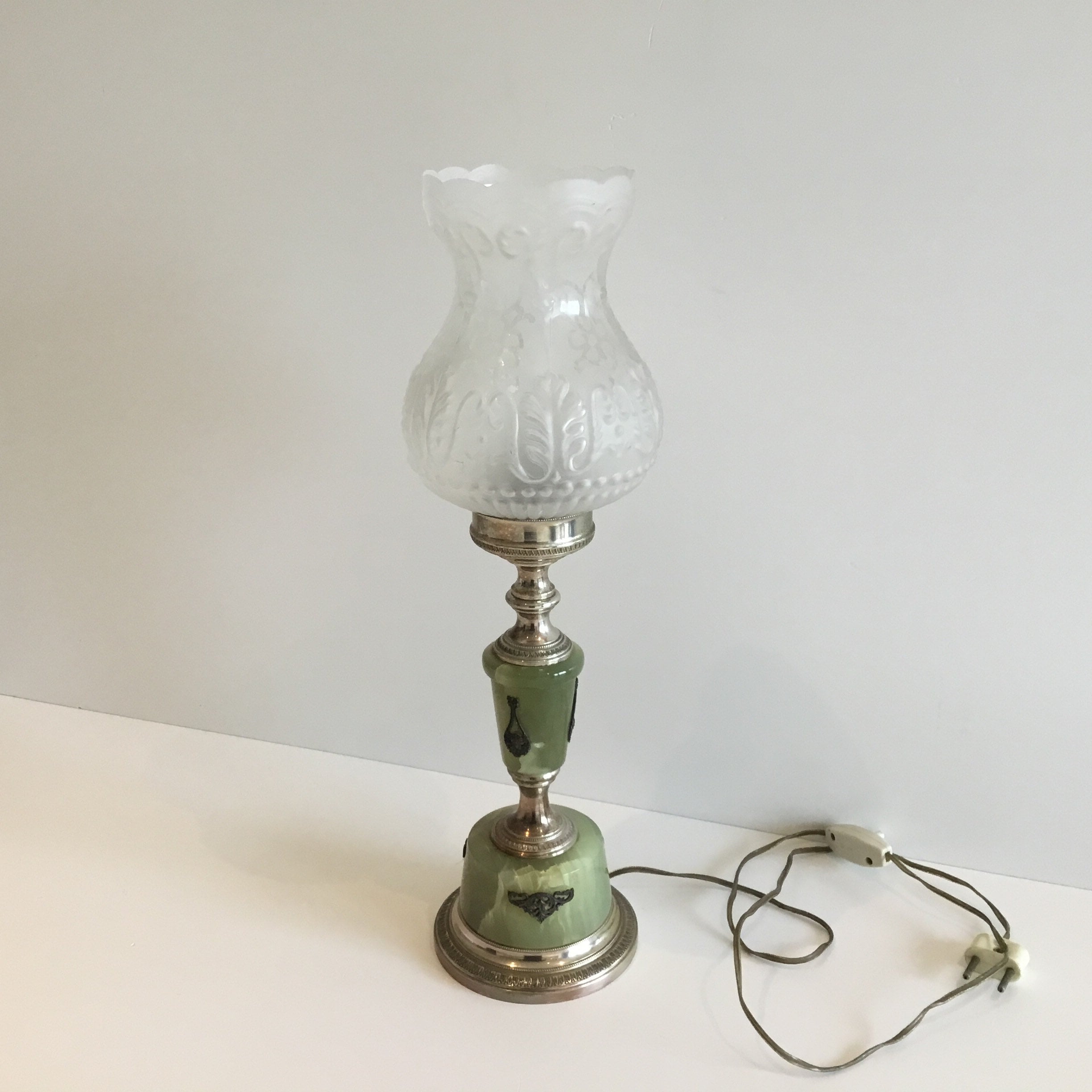 Vintage Table Lamp | 1950s Italian Onyx & Brass, Satin Glass Shade Functional — photo 2 of 9