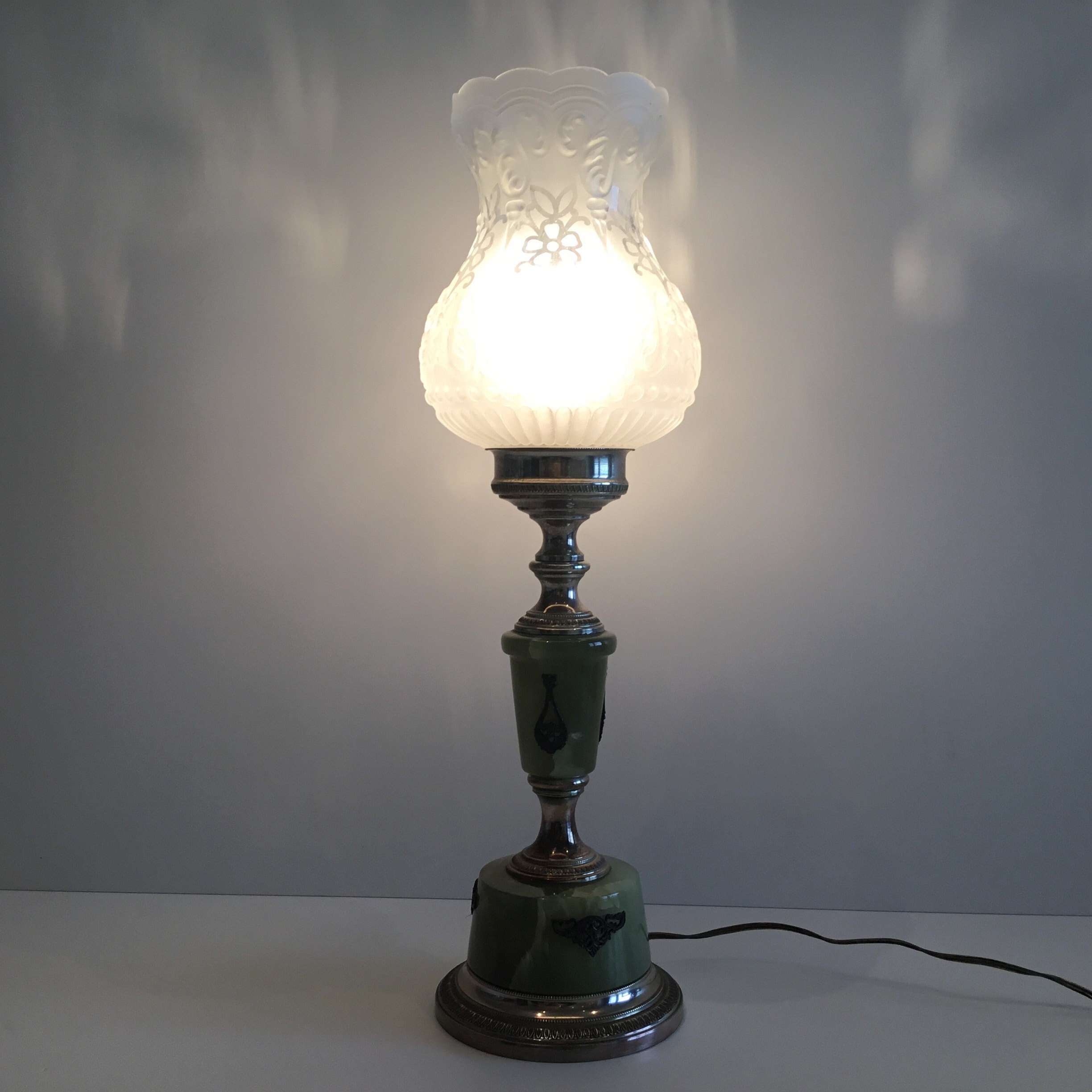 Vintage Table Lamp | 1950s Italian Onyx & Brass, Satin Glass Shade Functional — photo 3 of 9