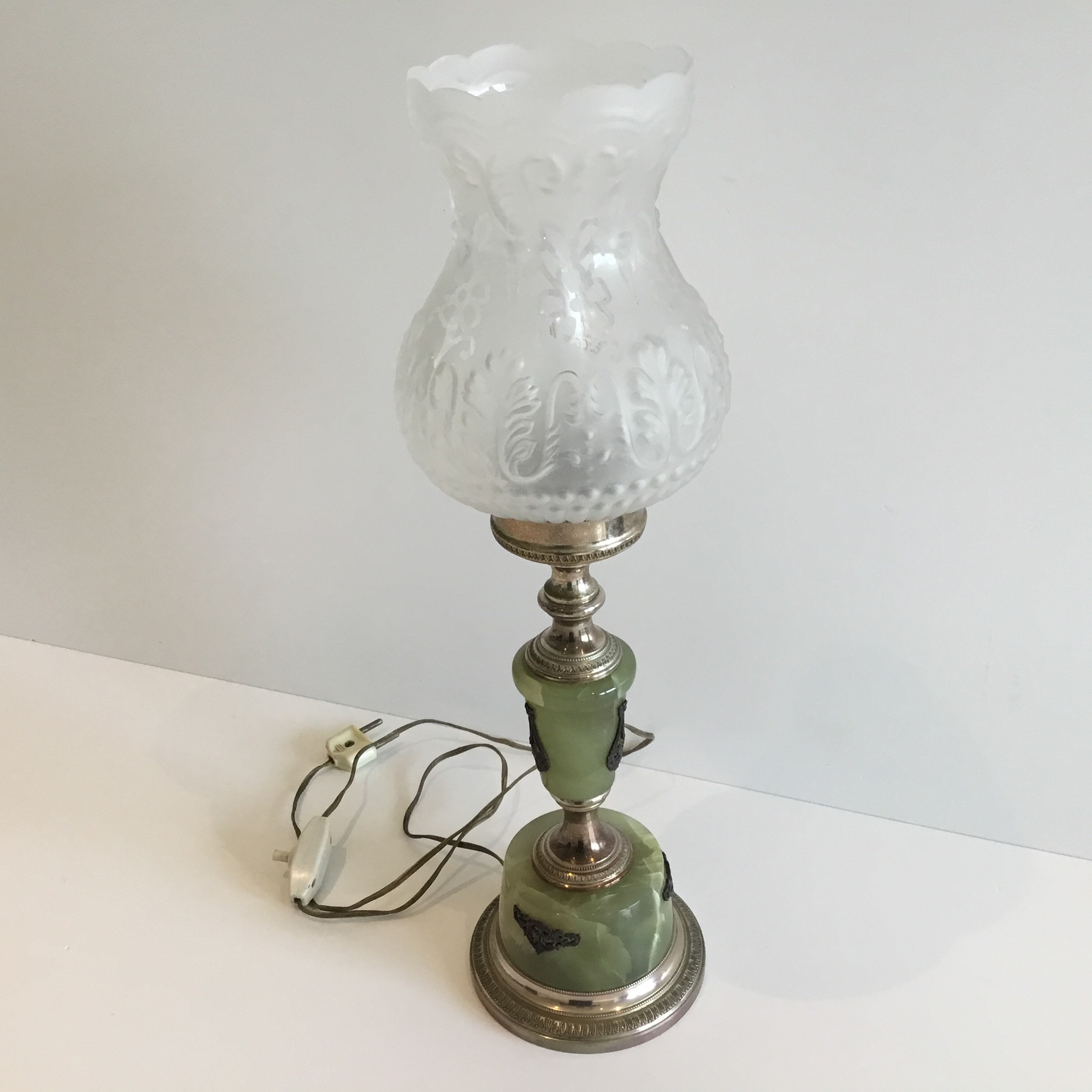 Vintage Table Lamp | 1950s Italian Onyx & Brass, Satin Glass Shade Functional — photo 4 of 9