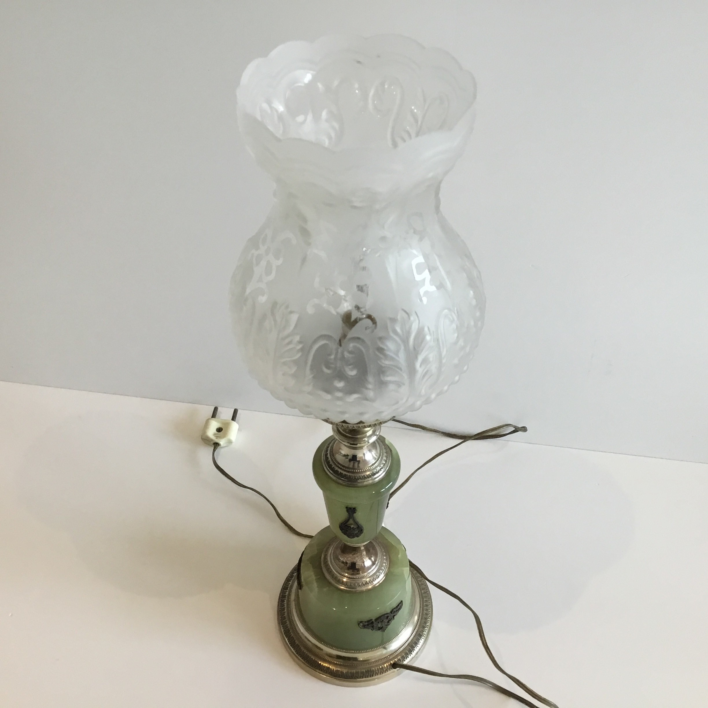 Vintage Table Lamp | 1950s Italian Onyx & Brass, Satin Glass Shade Functional — photo 6 of 9