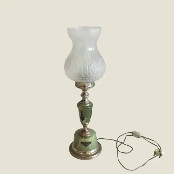 Vintage Table Lamp | 1950s Italian Onyx & Brass, Satin Glass Shade Functional