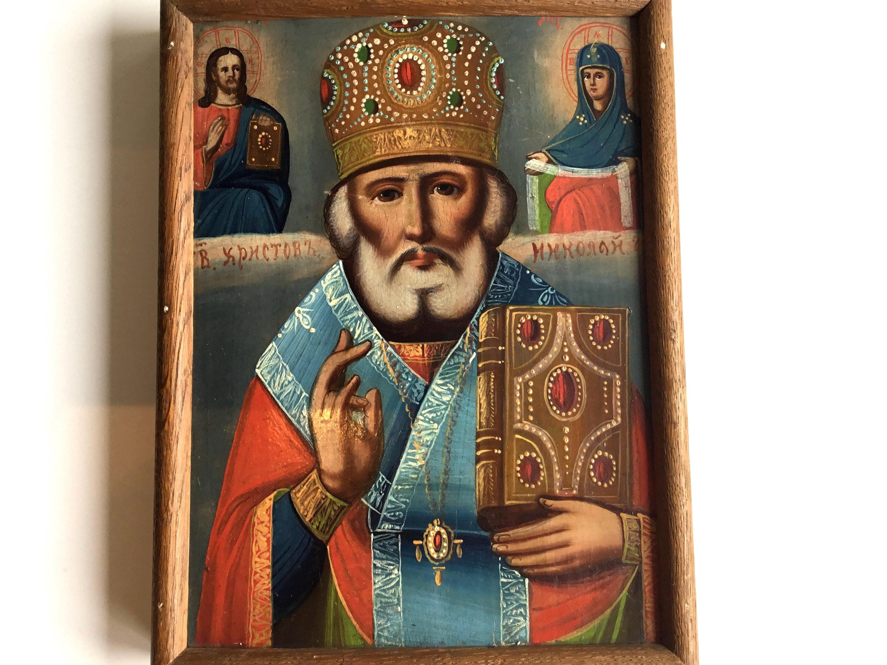 Antique Orthodox Icon – Saint Nicholas (1800s) – Hand Painted on Wood — photo 2 of 8