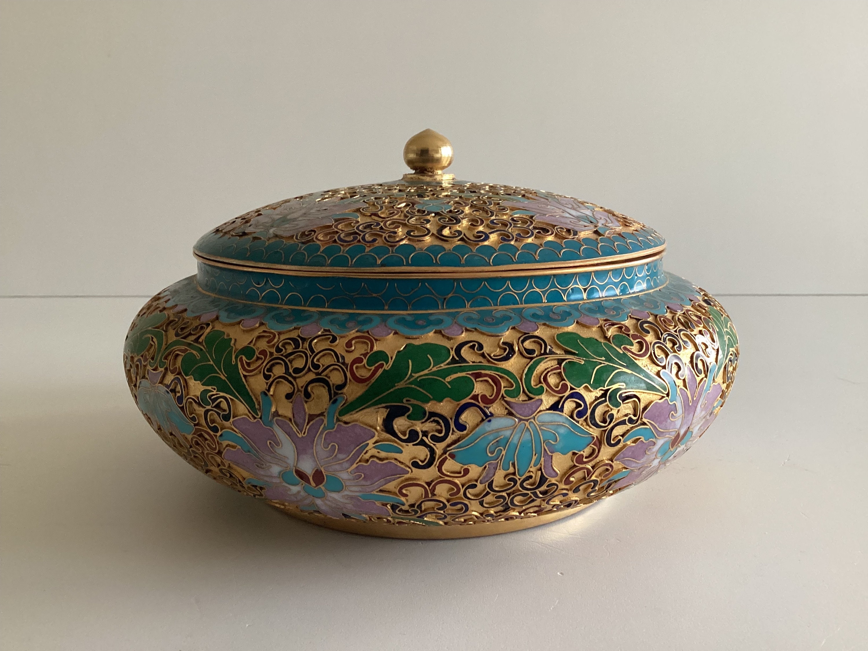 Vintage Cloisonne Bowl | 1950s Chinese Enamel Art, Handmade Turquoise Blue Deco — photo 2 of 7