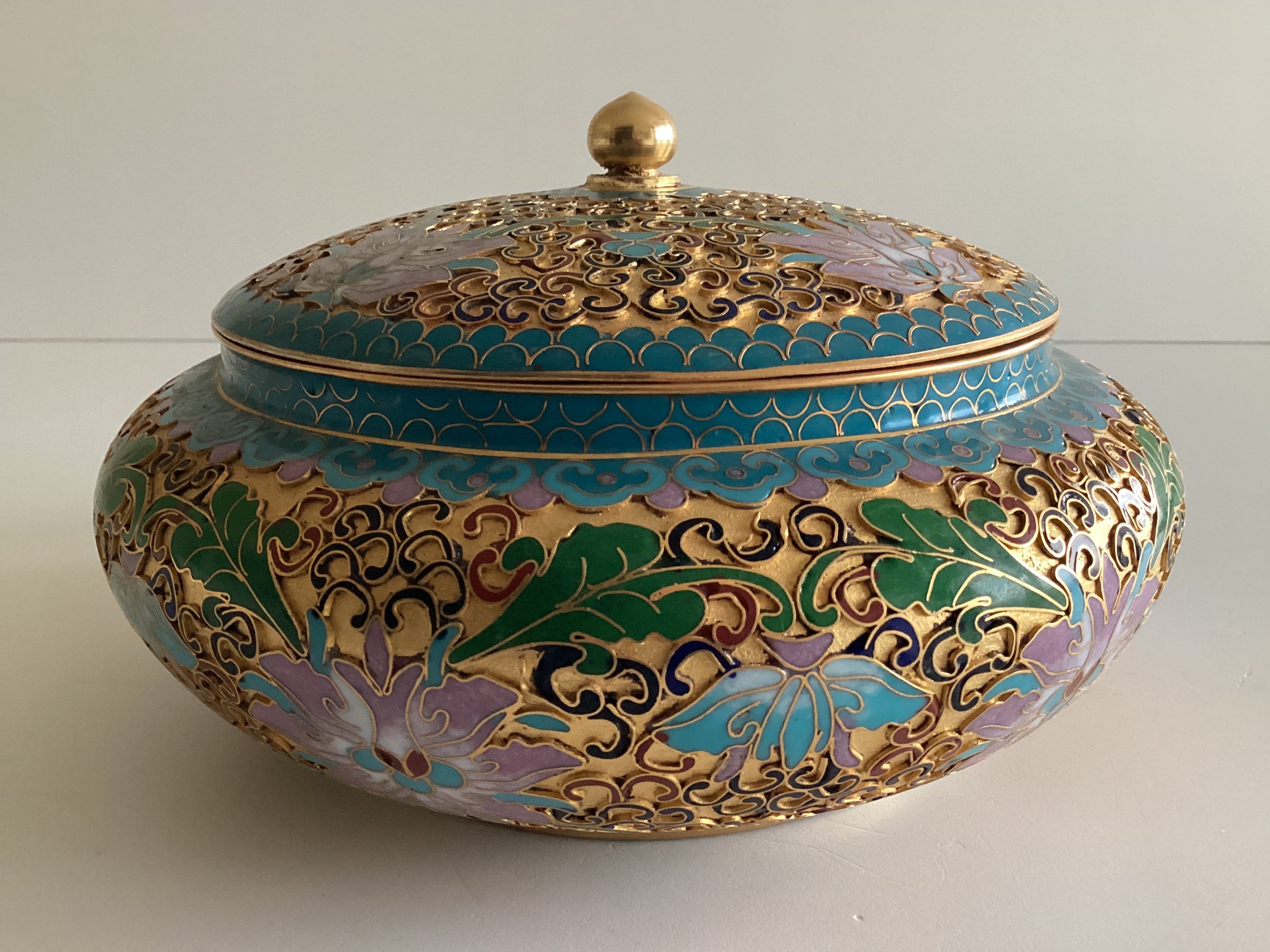 Vintage Cloisonne Bowl | 1950s Chinese Enamel Art, Handmade Turquoise Blue Deco — photo 3 of 7
