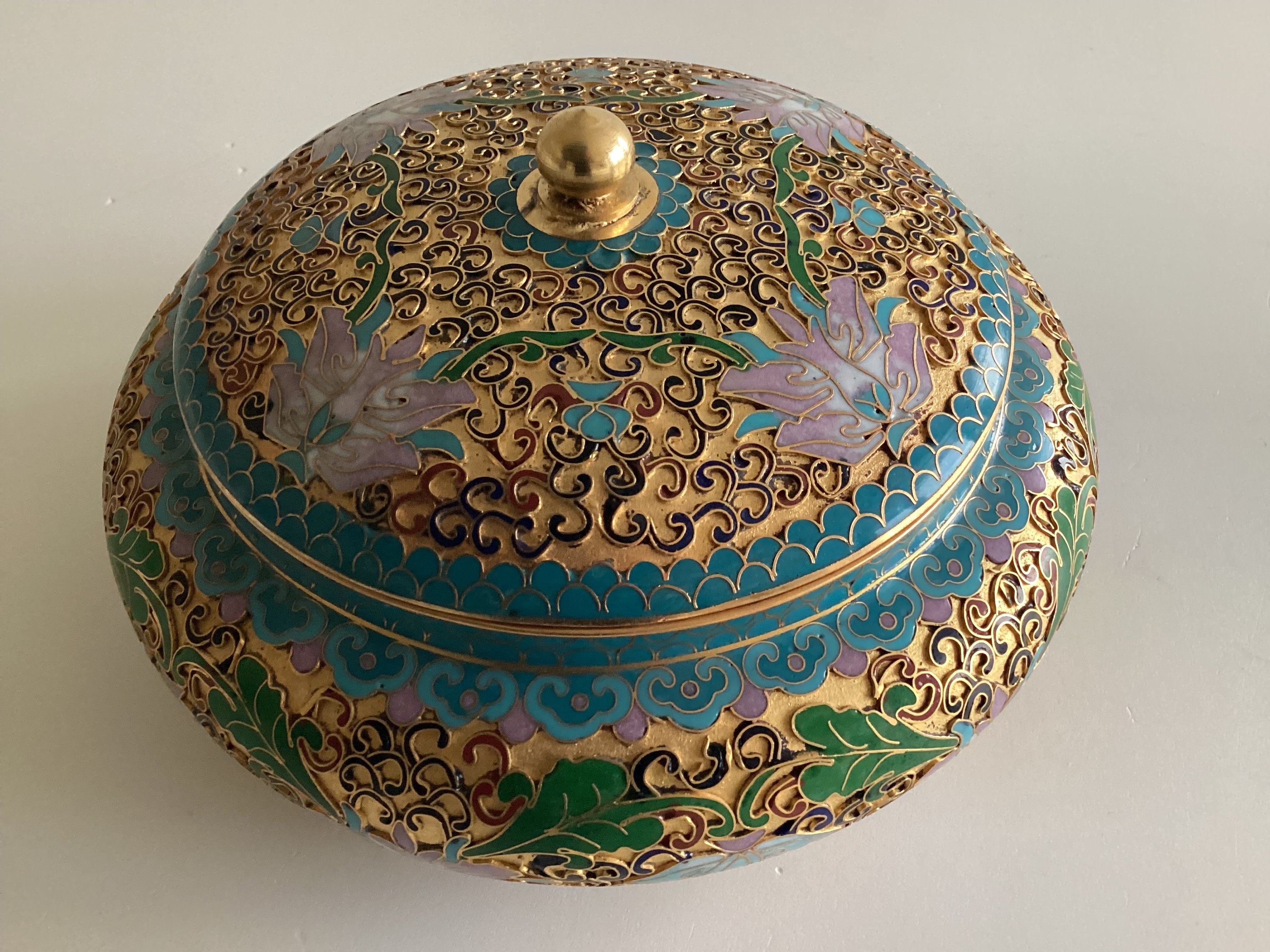 Vintage Cloisonne Bowl | 1950s Chinese Enamel Art, Handmade Turquoise Blue Deco — photo 4 of 7