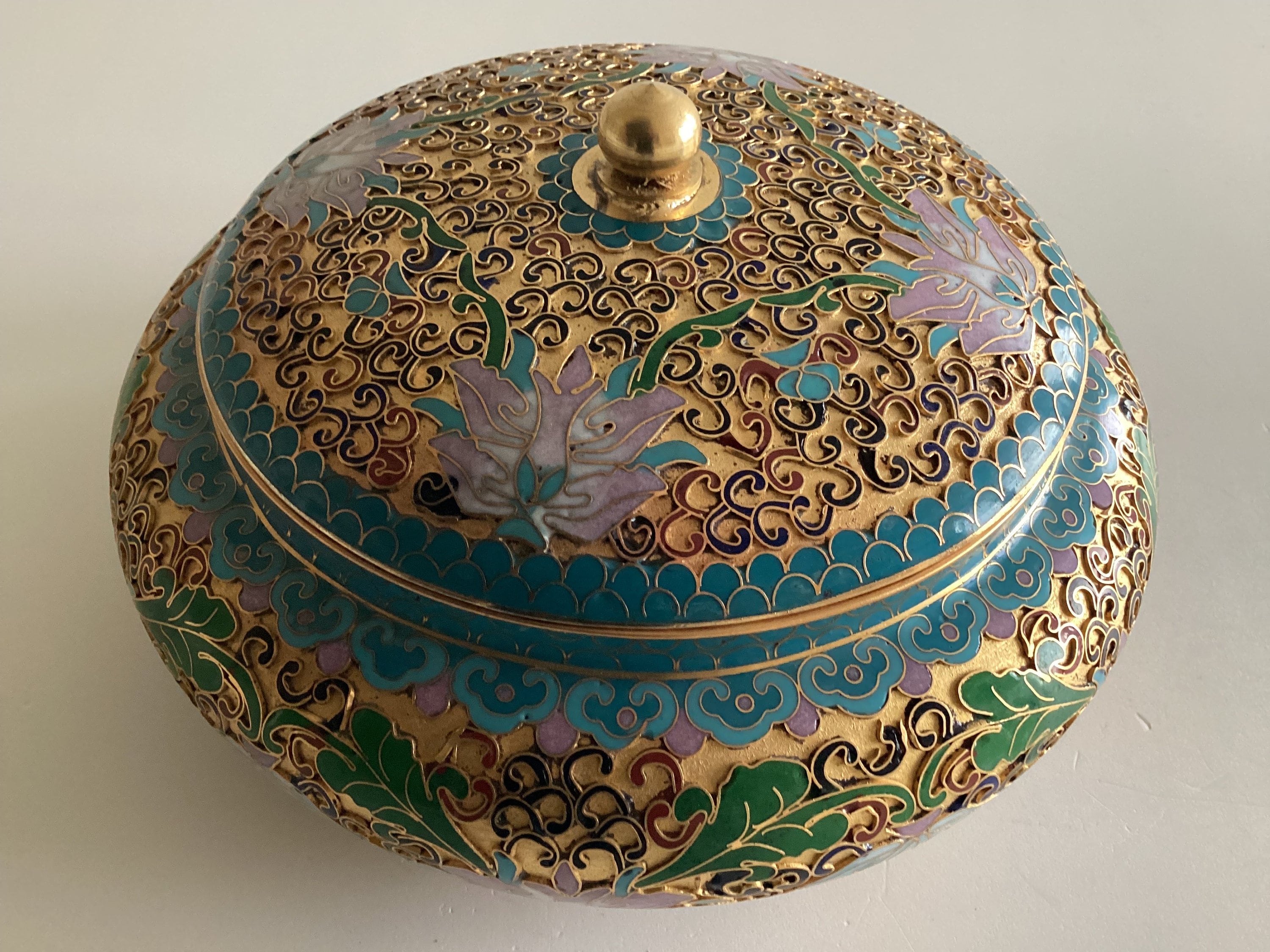 Vintage Cloisonne Bowl | 1950s Chinese Enamel Art, Handmade Turquoise Blue Deco — photo 5 of 7
