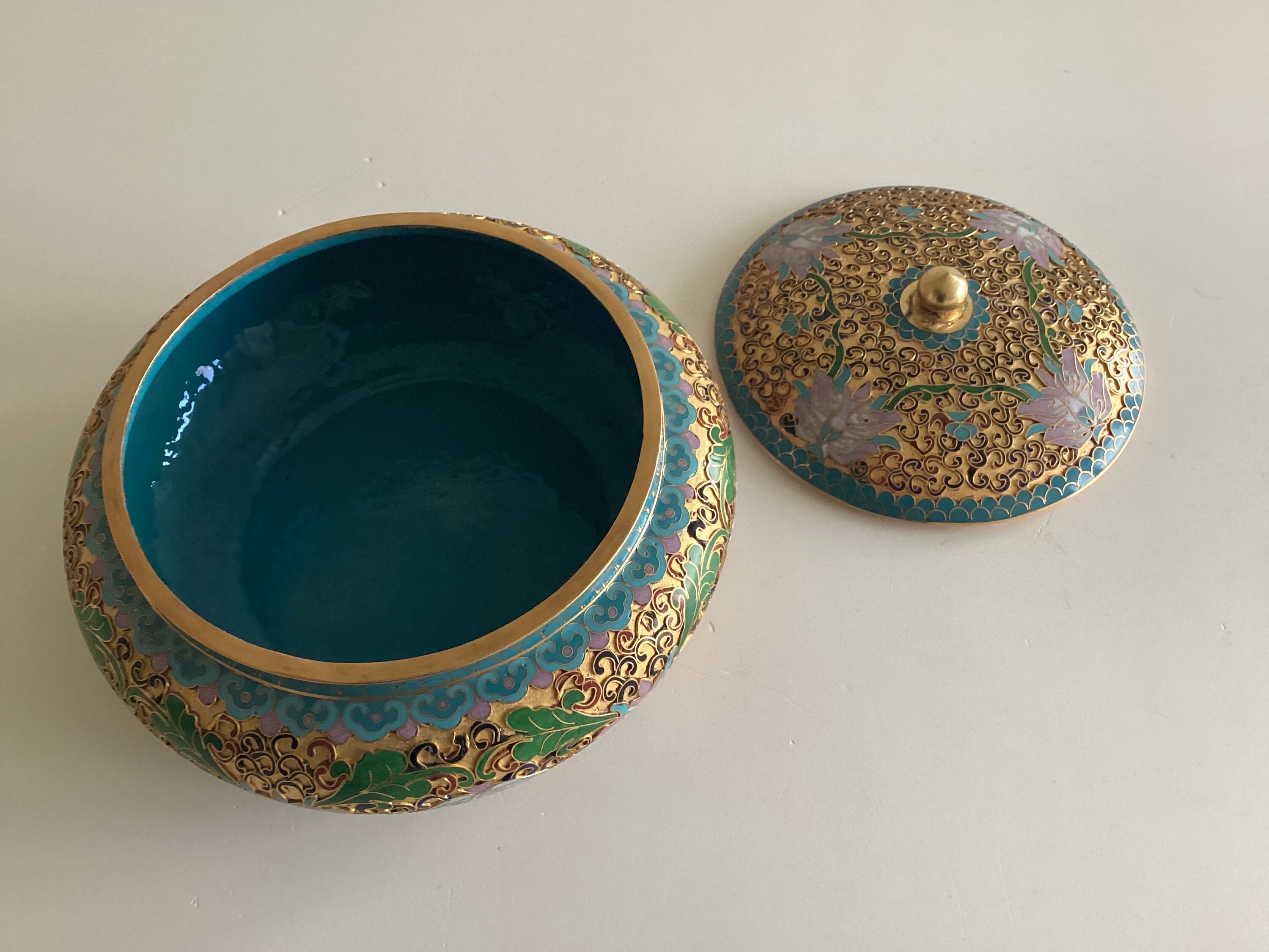 Vintage Cloisonne Bowl | 1950s Chinese Enamel Art, Handmade Turquoise Blue Deco — photo 6 of 7