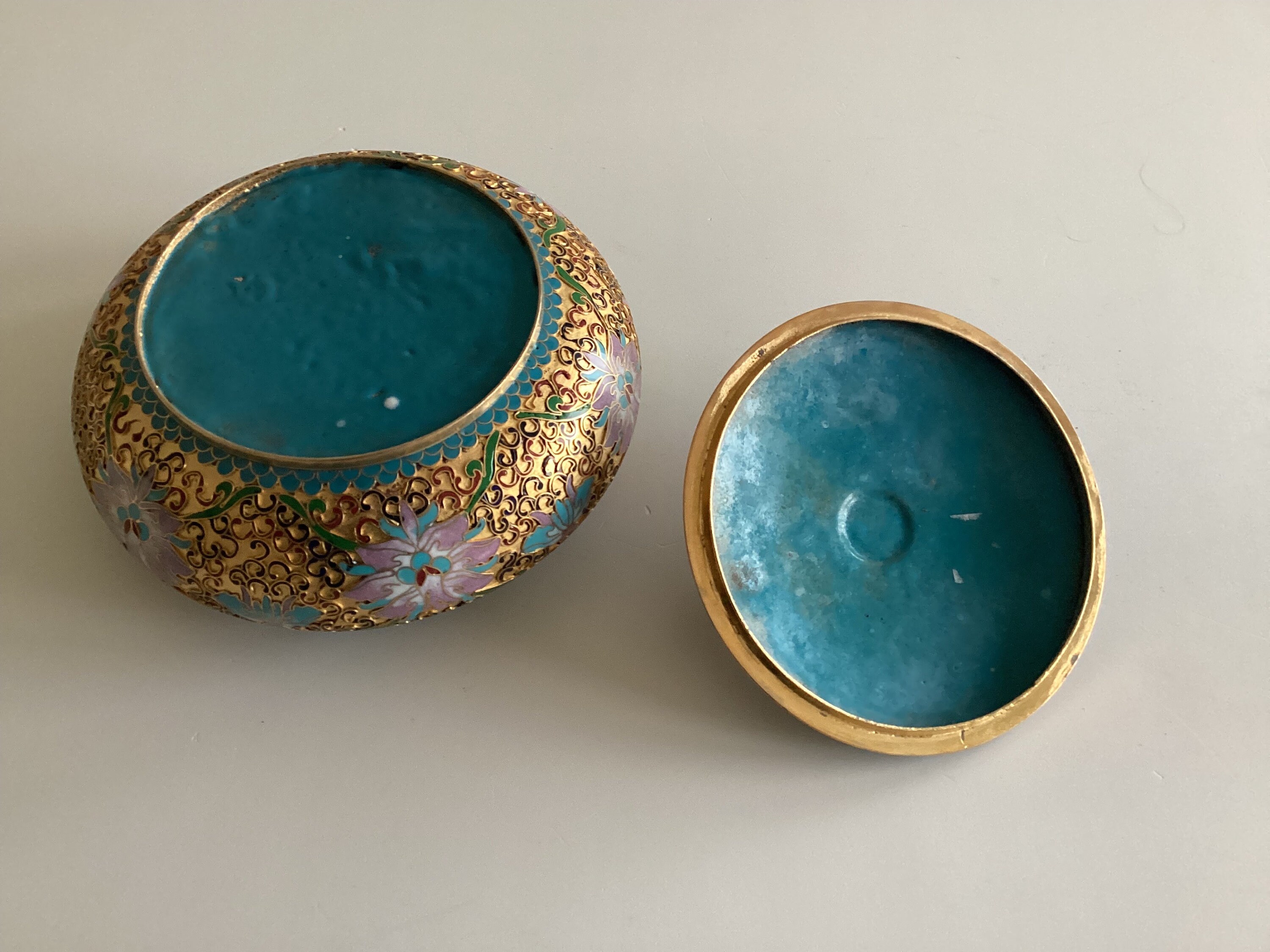 Vintage Cloisonne Bowl | 1950s Chinese Enamel Art, Handmade Turquoise Blue Deco — photo 7 of 7