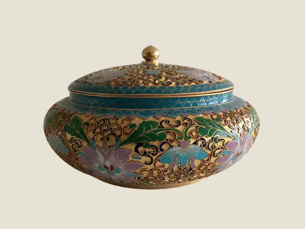 Vintage Cloisonne Bowl | 1950s Chinese Enamel Art, Handmade Turquoise Blue Deco