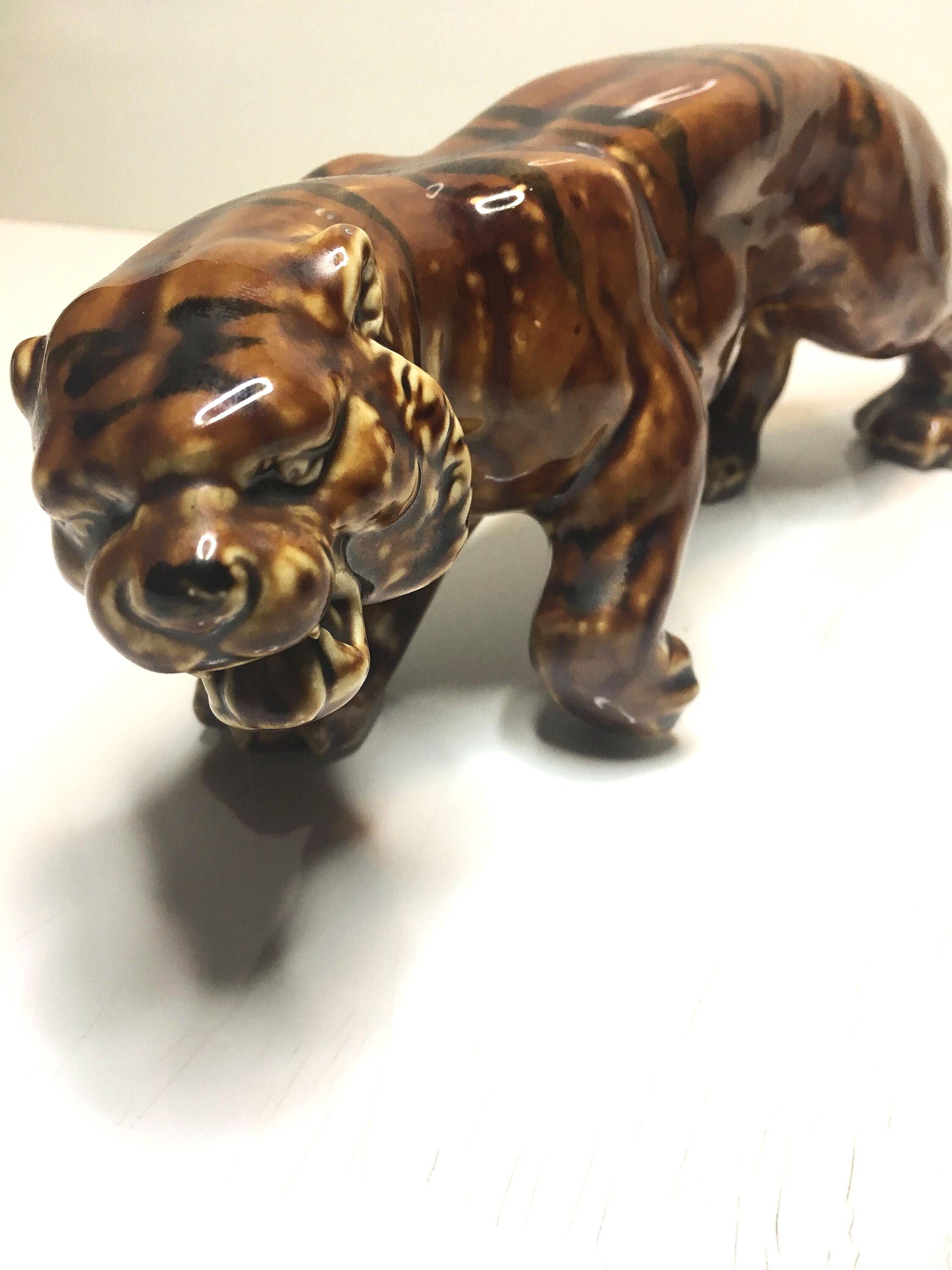 Vintage Porcelain Tiger | 1930s Italian Hand-Painted Sculpture, Gloss Finish Animal Figurine — photo 2 of 6