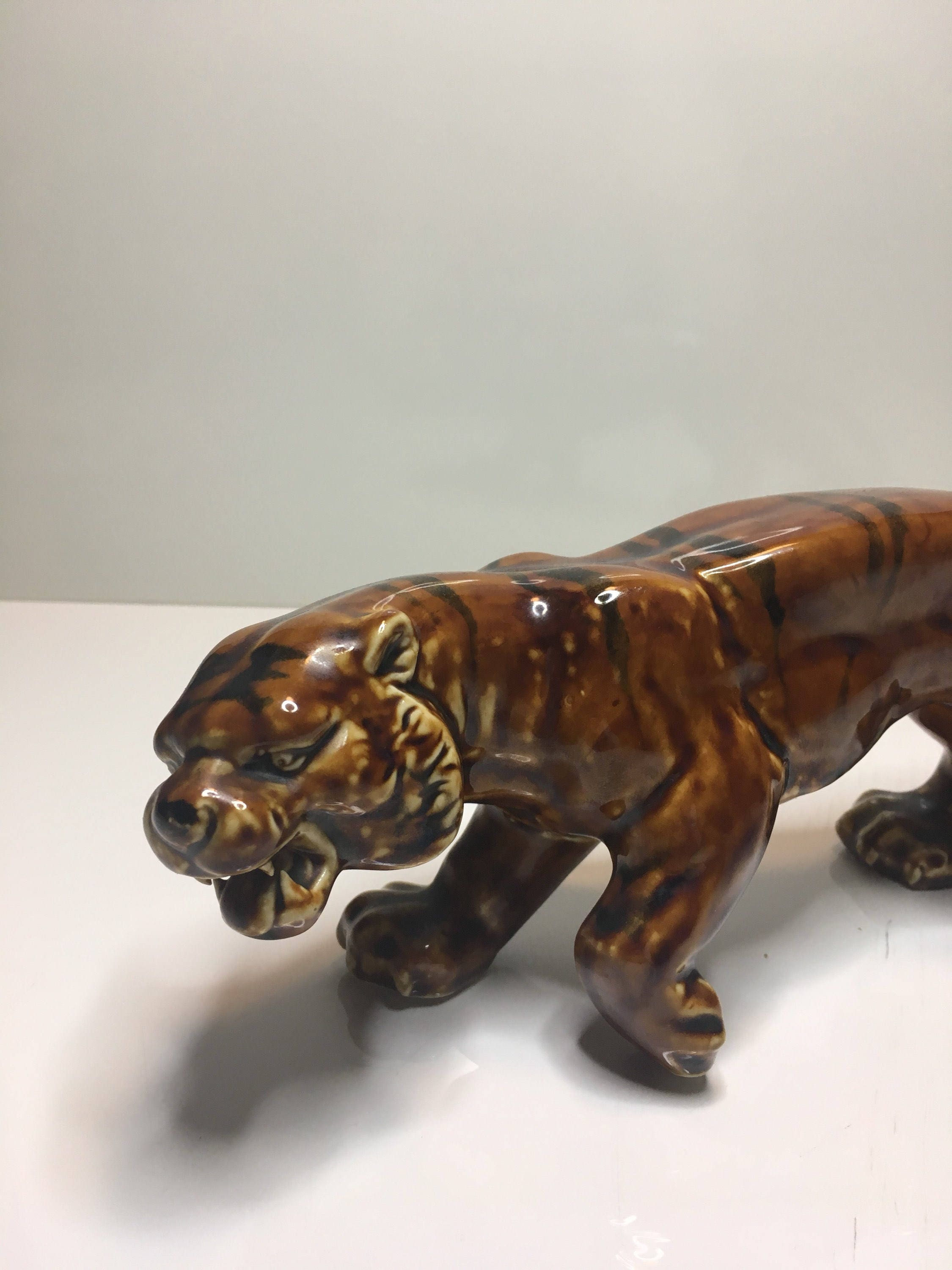 Vintage Porcelain Tiger | 1930s Italian Hand-Painted Sculpture, Gloss Finish Animal Figurine — photo 3 of 6